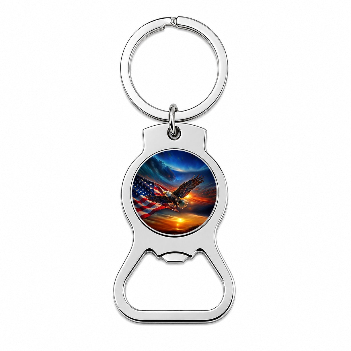 Awesome Patriotic American Flag and Flying Bald Eagle Bottle Opener Keychain