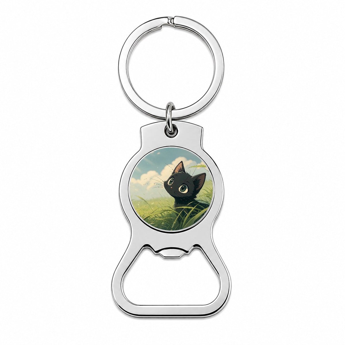 Black Kitten Cat in Field of Grass Anime Style Bottle Opener Keychain