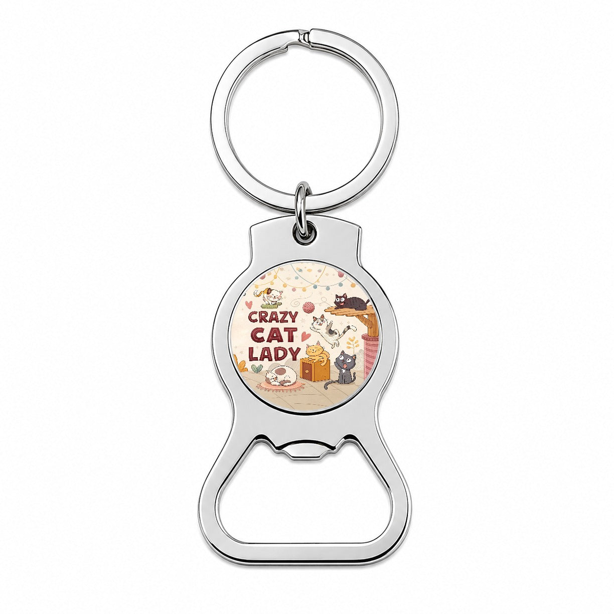 Crazy Cat Lady Funny Cartoon Bottle Opener Keychain