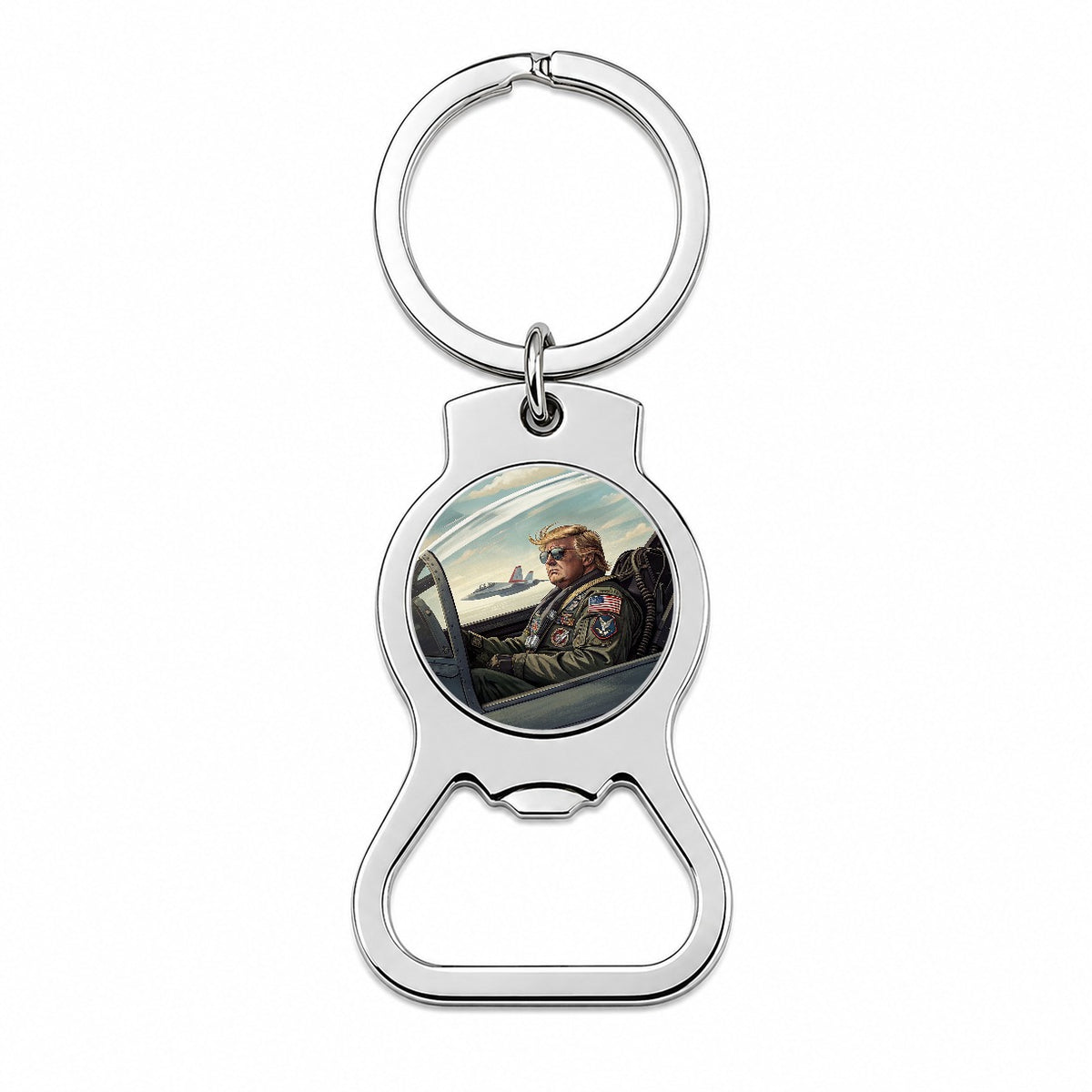 Donald Trump In Jet Fighter Funny Patriotic Bottle Opener Keychain