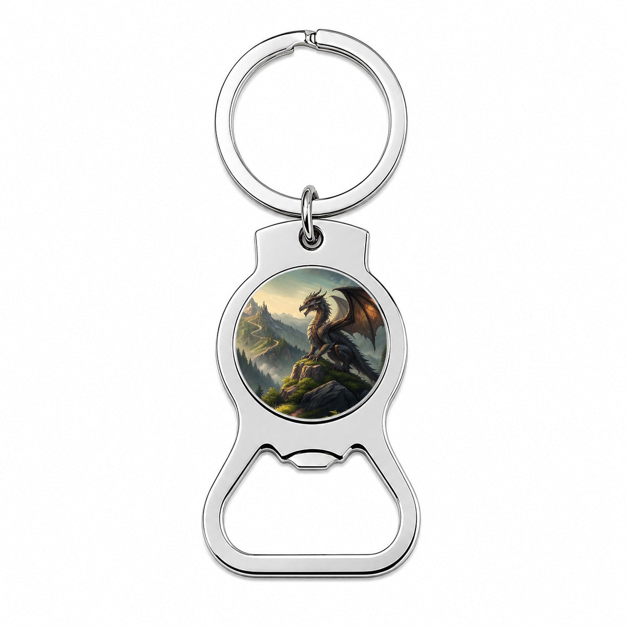Fantasy Dragon on Mountain Illustration Bottle Opener Keychain