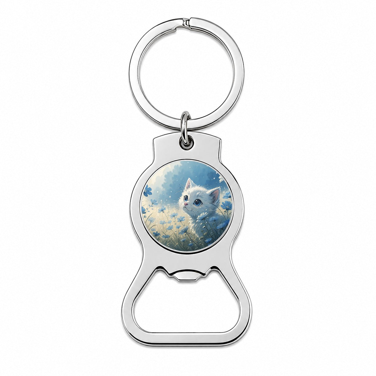 White Kitten in Field Of Blue Flowers Anime Style Bottle Opener Keychain
