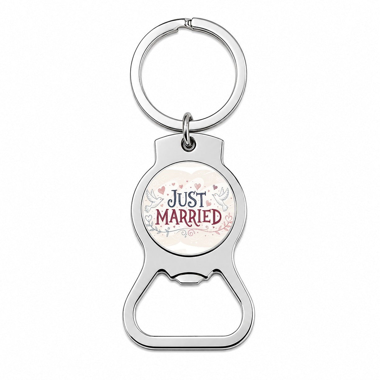 Just Married Doves Hearts Bottle Opener Keychain