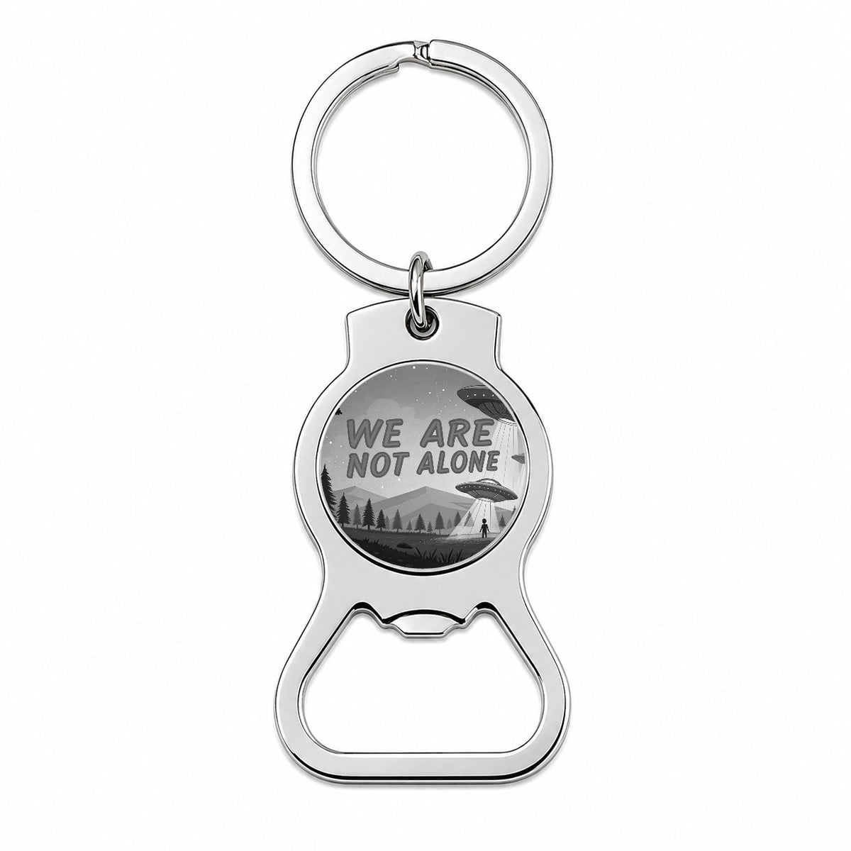 We Are Not Alone Funny Retro UFO Black And White Bottle Opener Keychain