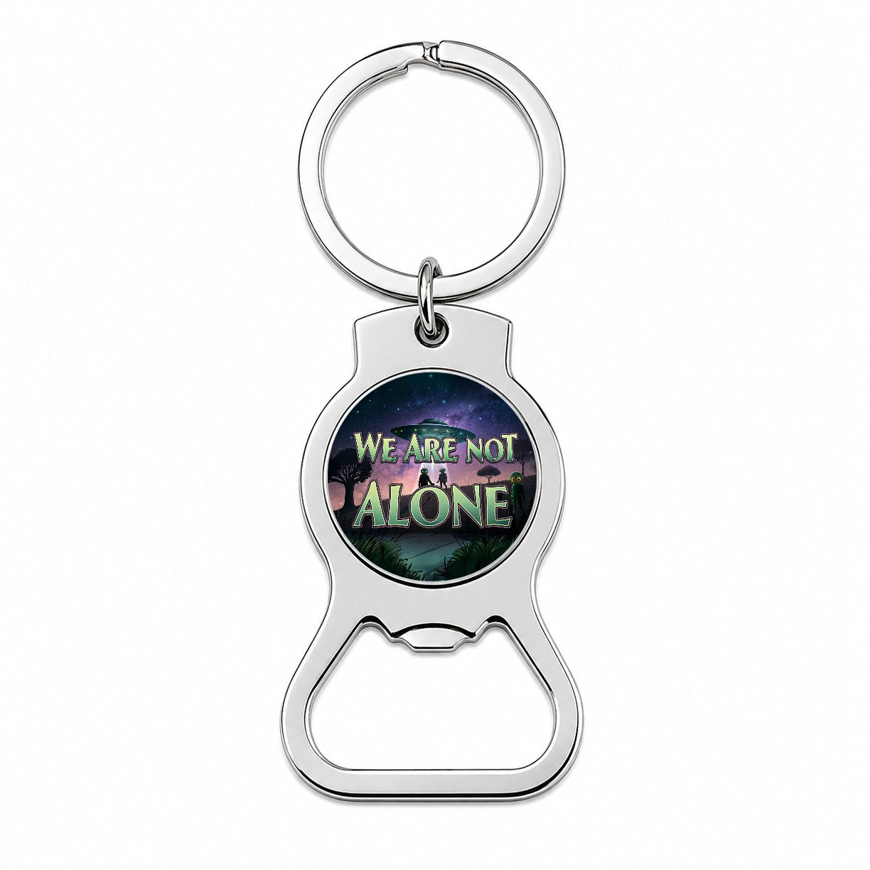 We Are Not Alone UFO Aliens Bottle Opener Keychain