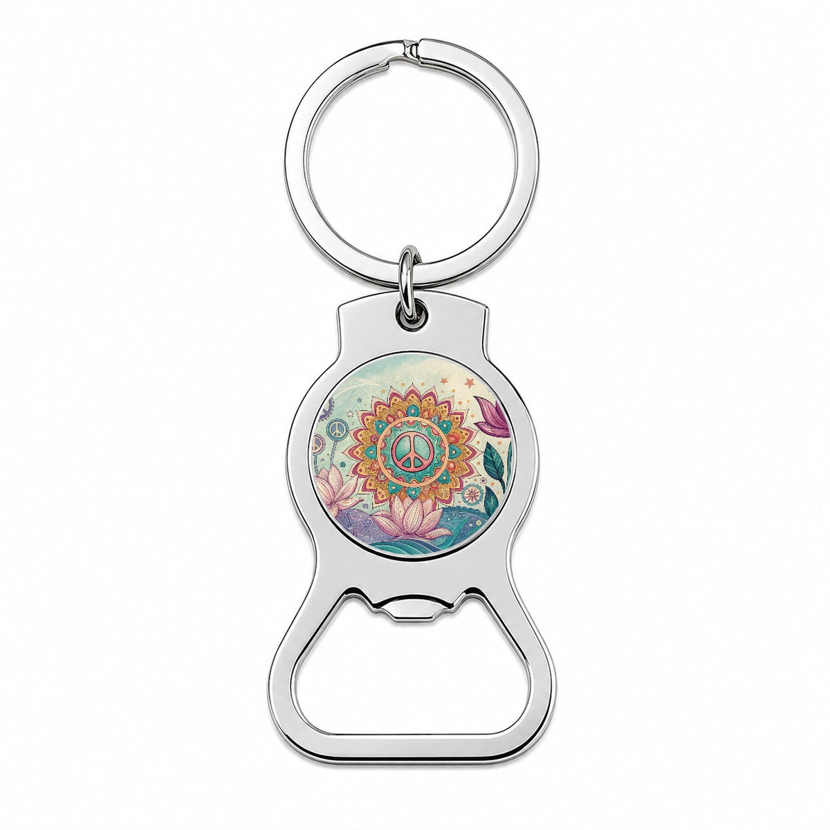 Peace Sign Symbols Mandala Flower Bottle Opener Keychain