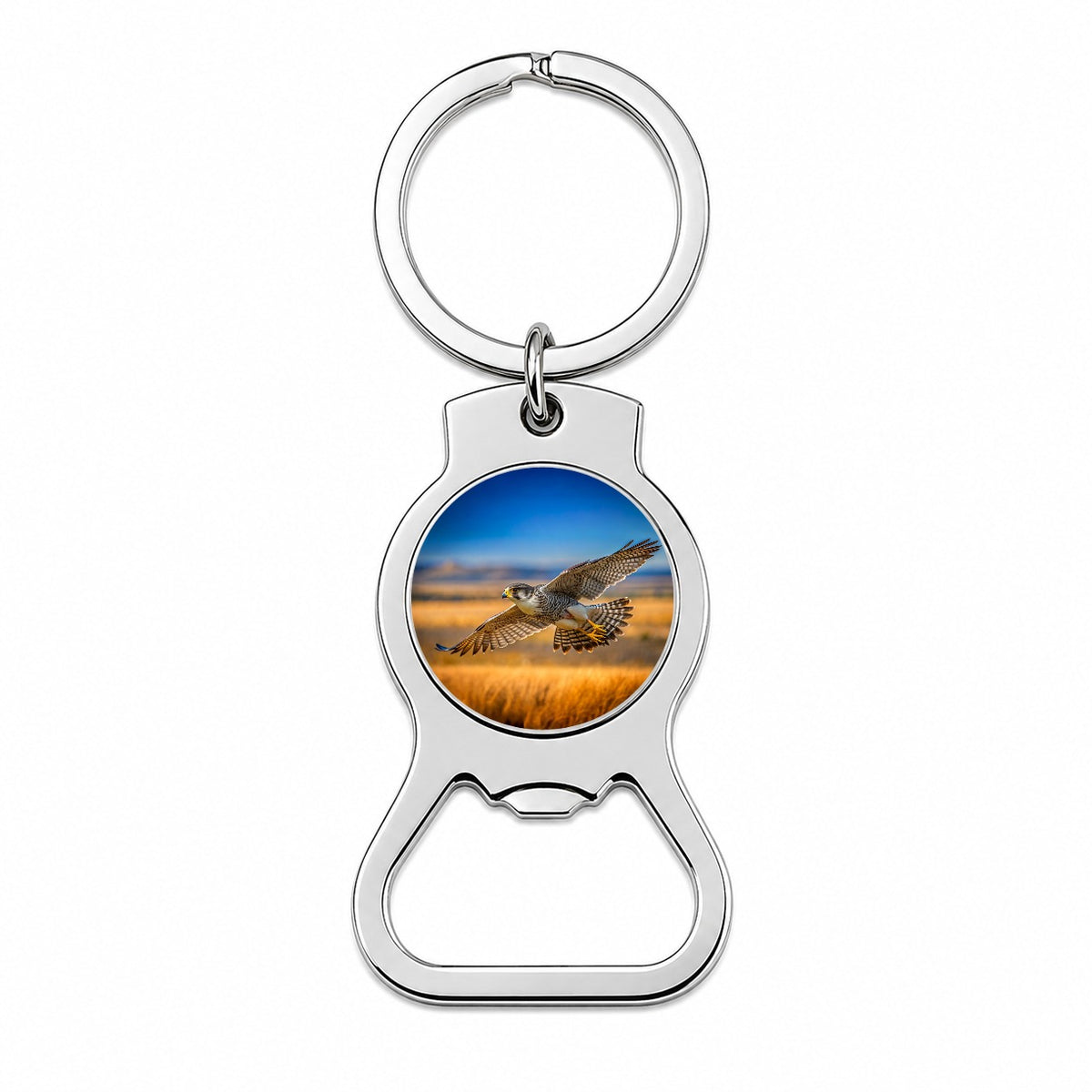 Prairie Falcon Raptor in Flight Bottle Opener Keychain