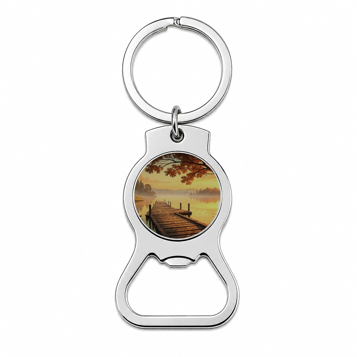 Autumn Lake Dock Sunset Bottle Opener Keychain
