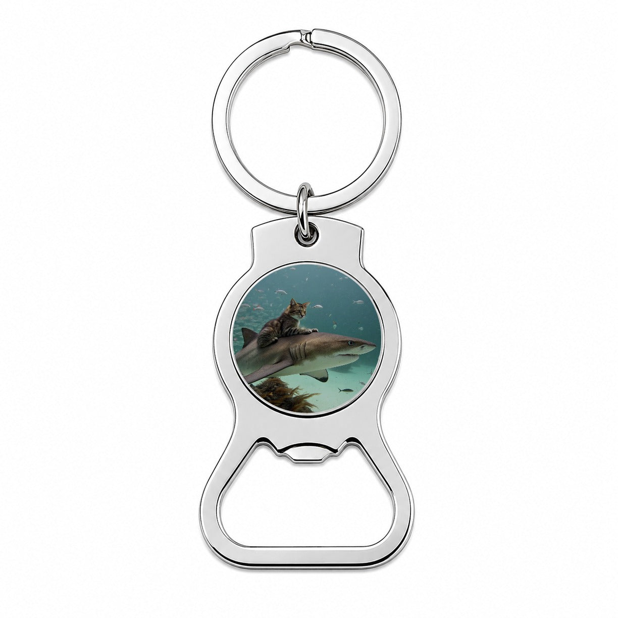 Cat Riding Shark Under Water Bottle Opener Keychain