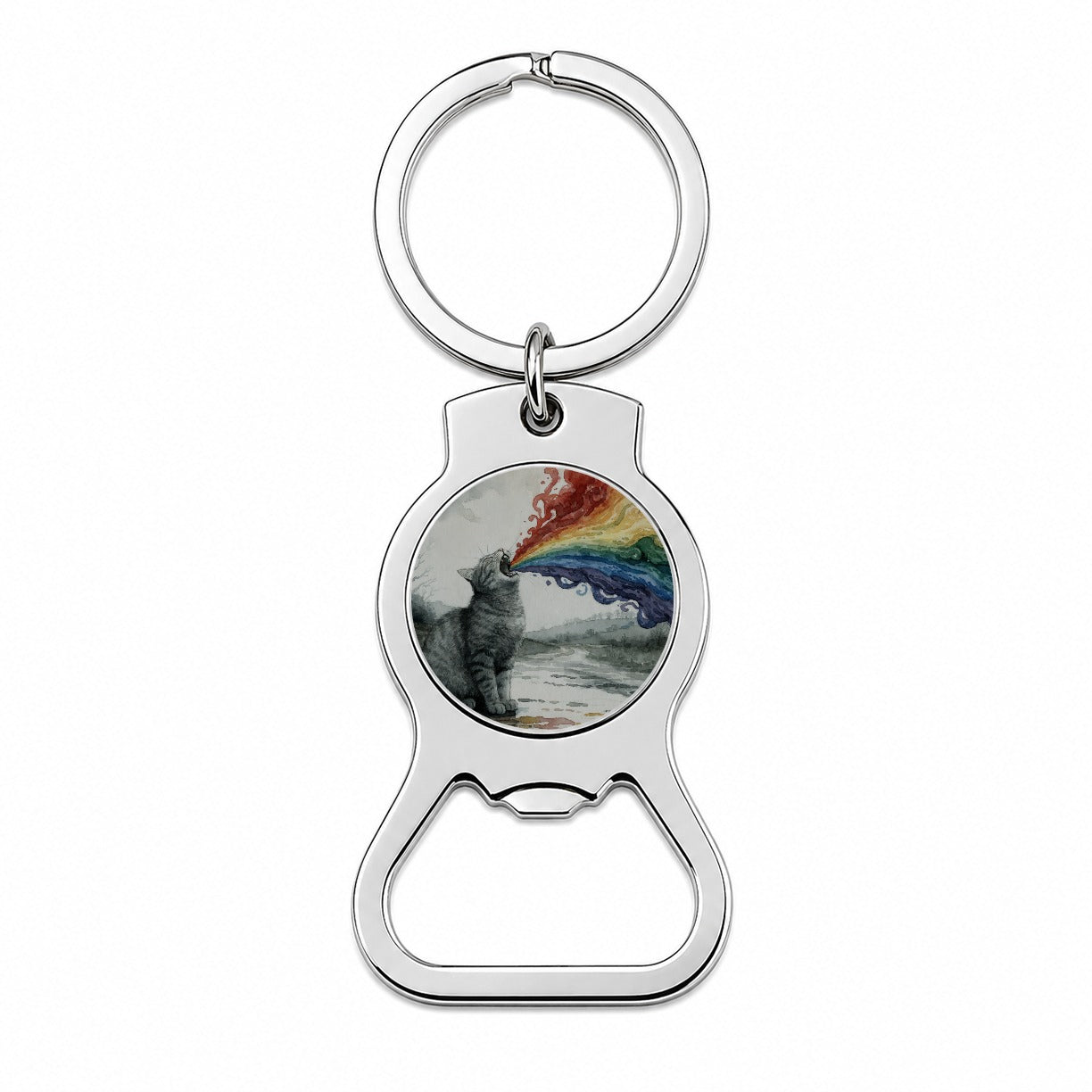 Cat Vomiting Rainbow Watercolor Bottle Opener Keychain