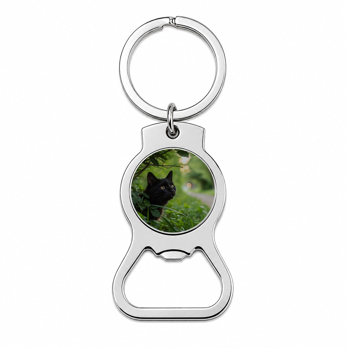 Curious Black Cat Nature Bottle Opener Keychain