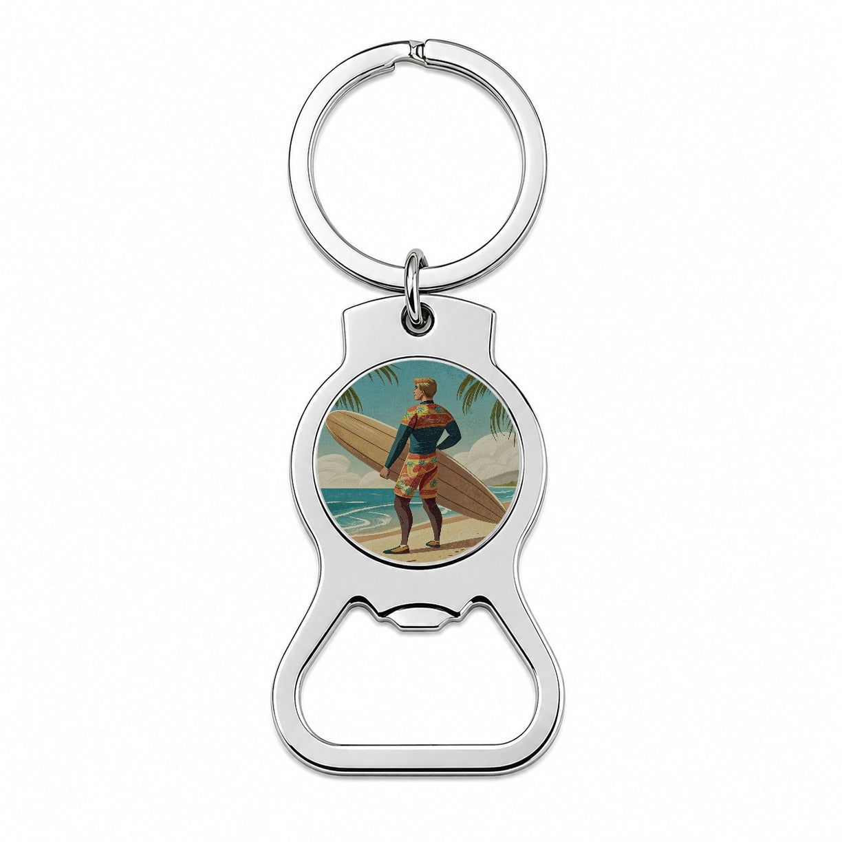 Retro Surfer Beach Scene Bottle Opener Keychain