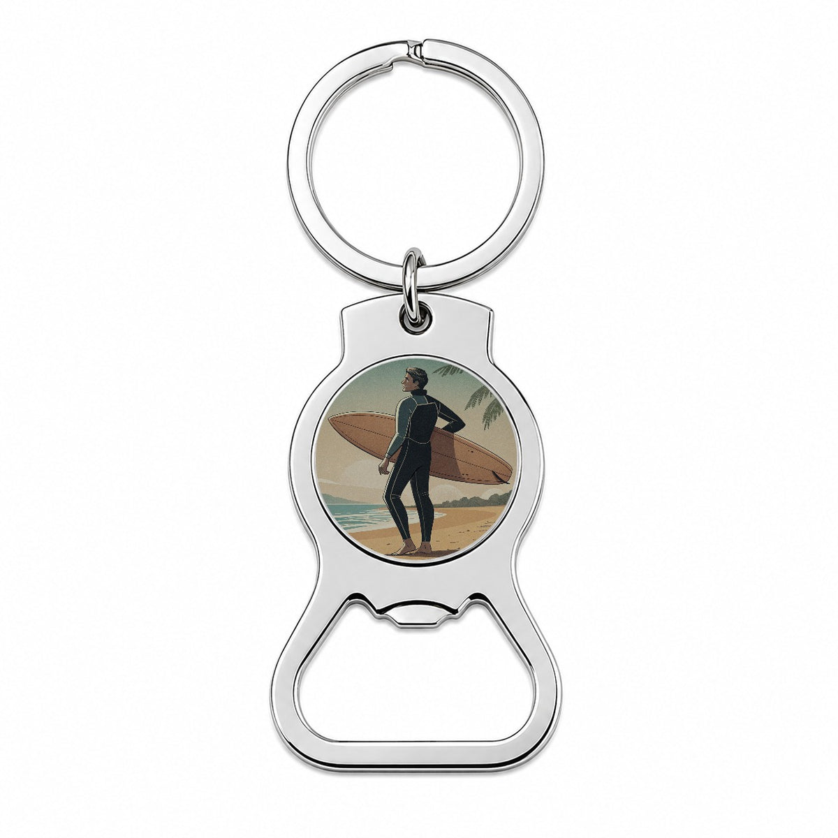 Vintage Surfer Beach Scene Bottle Opener Keychain
