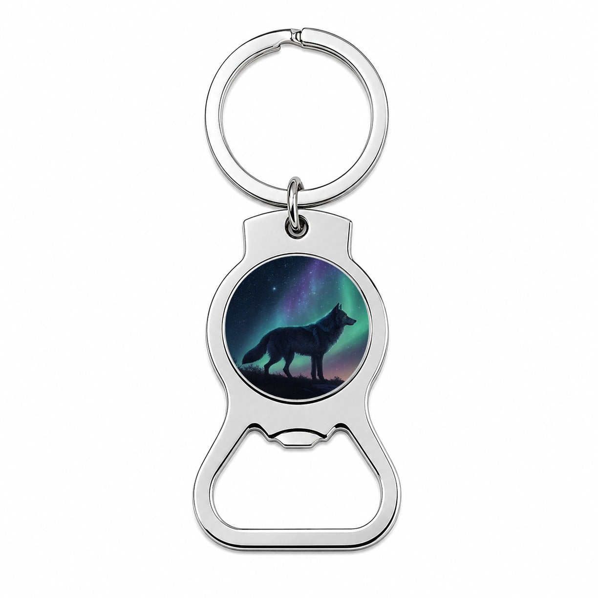 Wolf Beneath Aurora Borealis Bottle Opener Keychain