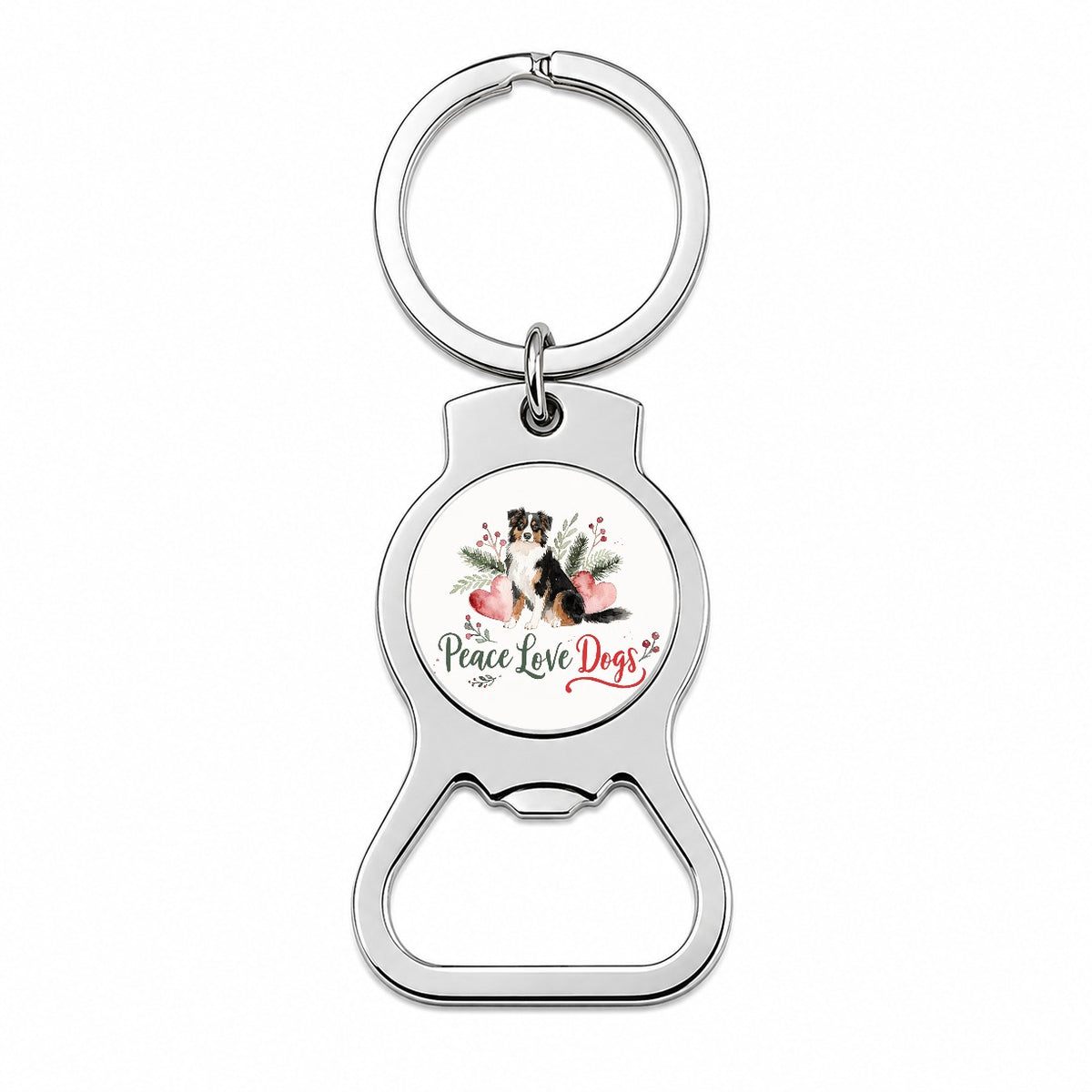 Australian Shepherd Peace Love Dogs Christmas Bottle Opener Keychain