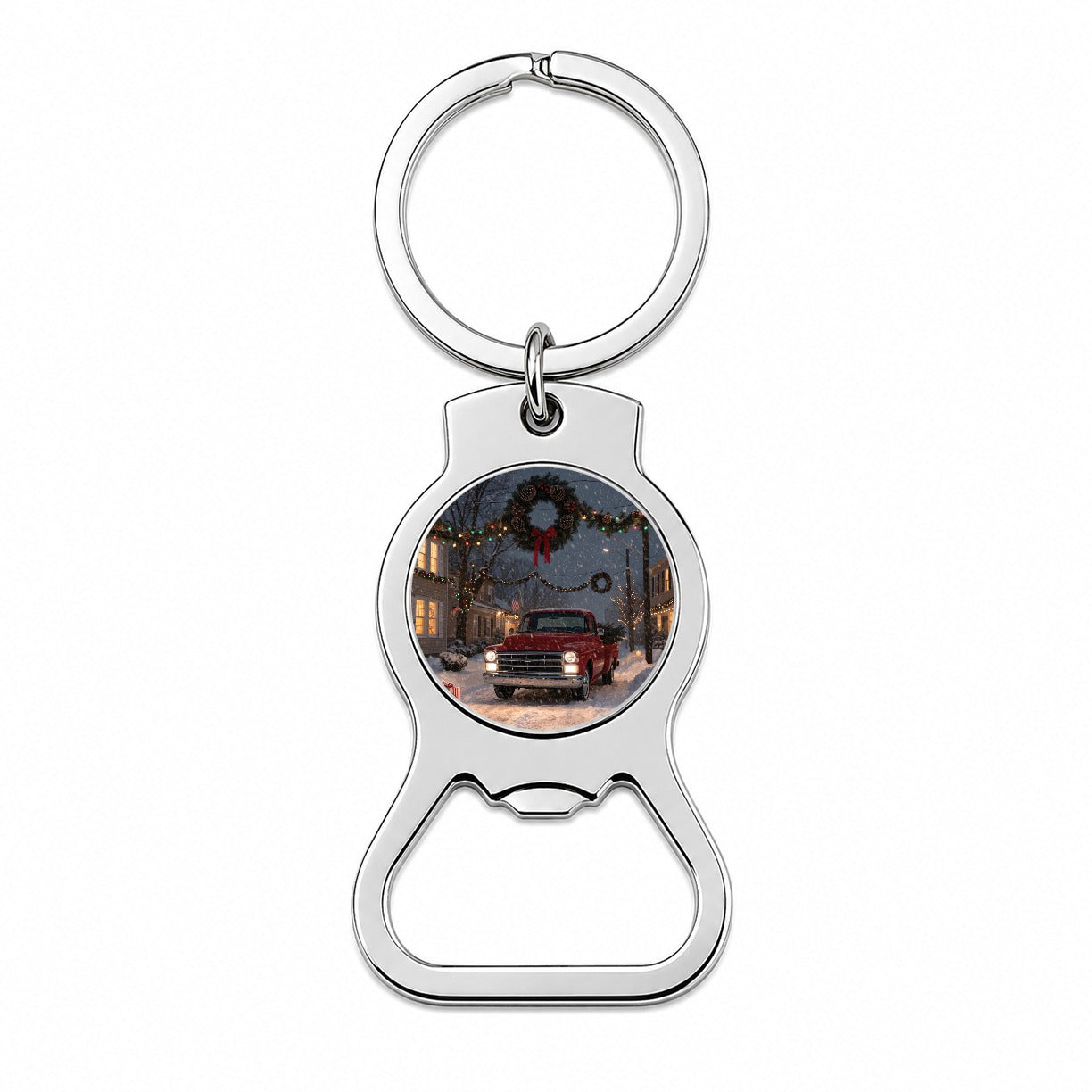 Christmas Red Truck Snow Bottle Opener Keychain