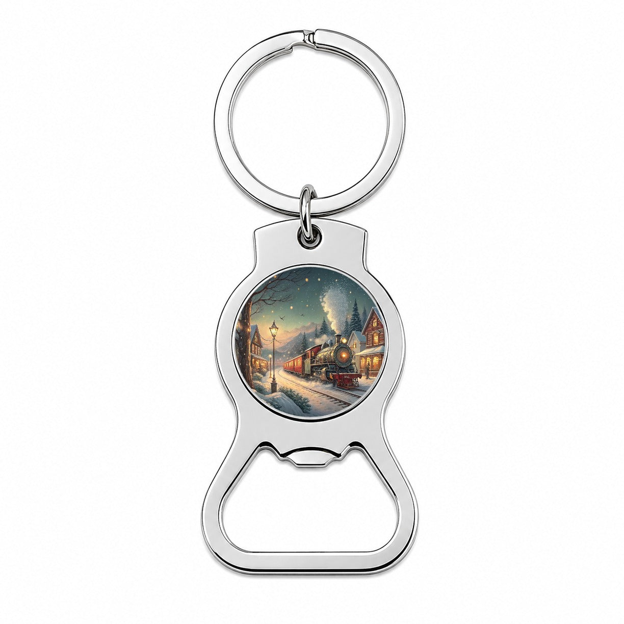 Christmas Train Snowy Village Bottle Opener Keychain