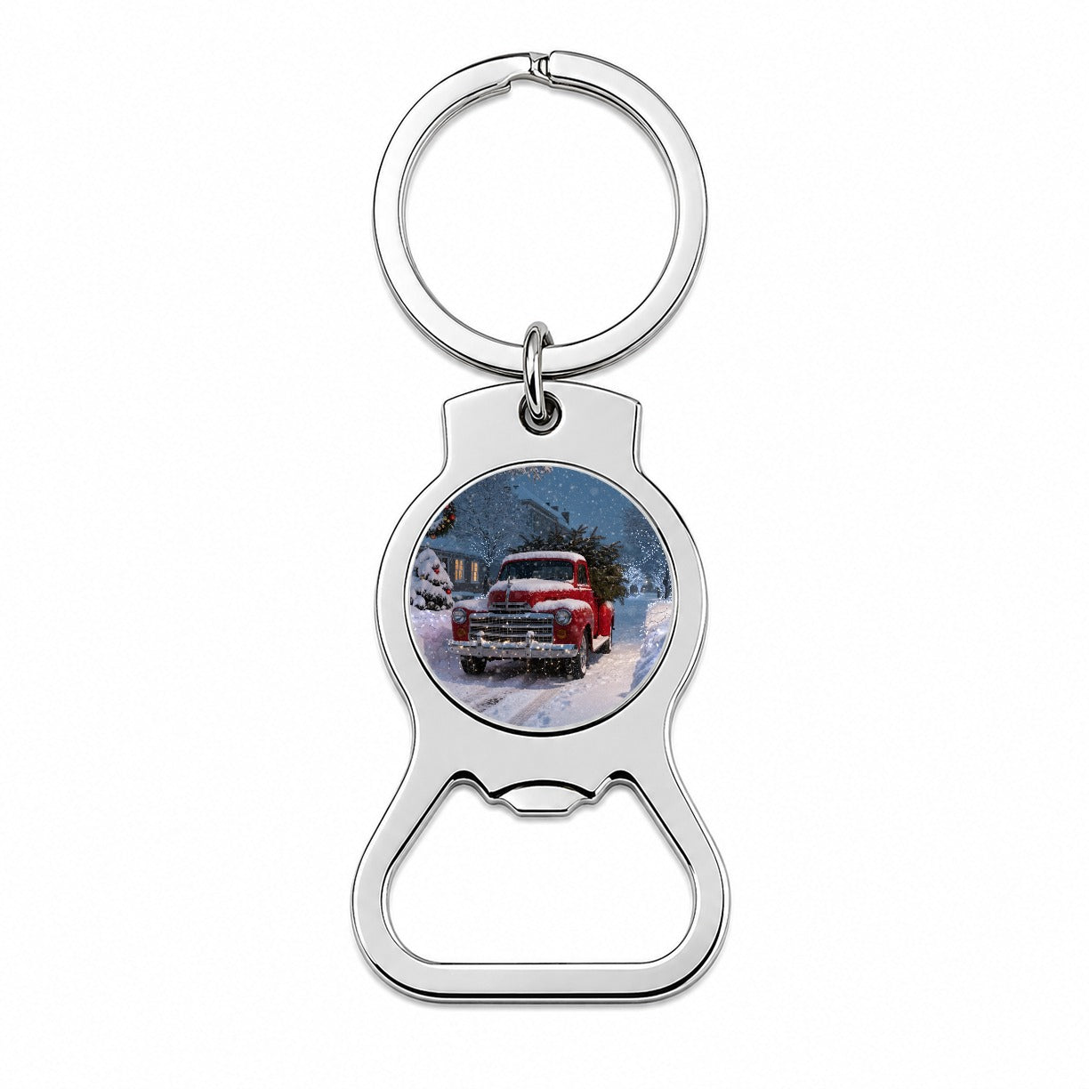 Christmas Tree In Red Truck Bottle Opener Keychain