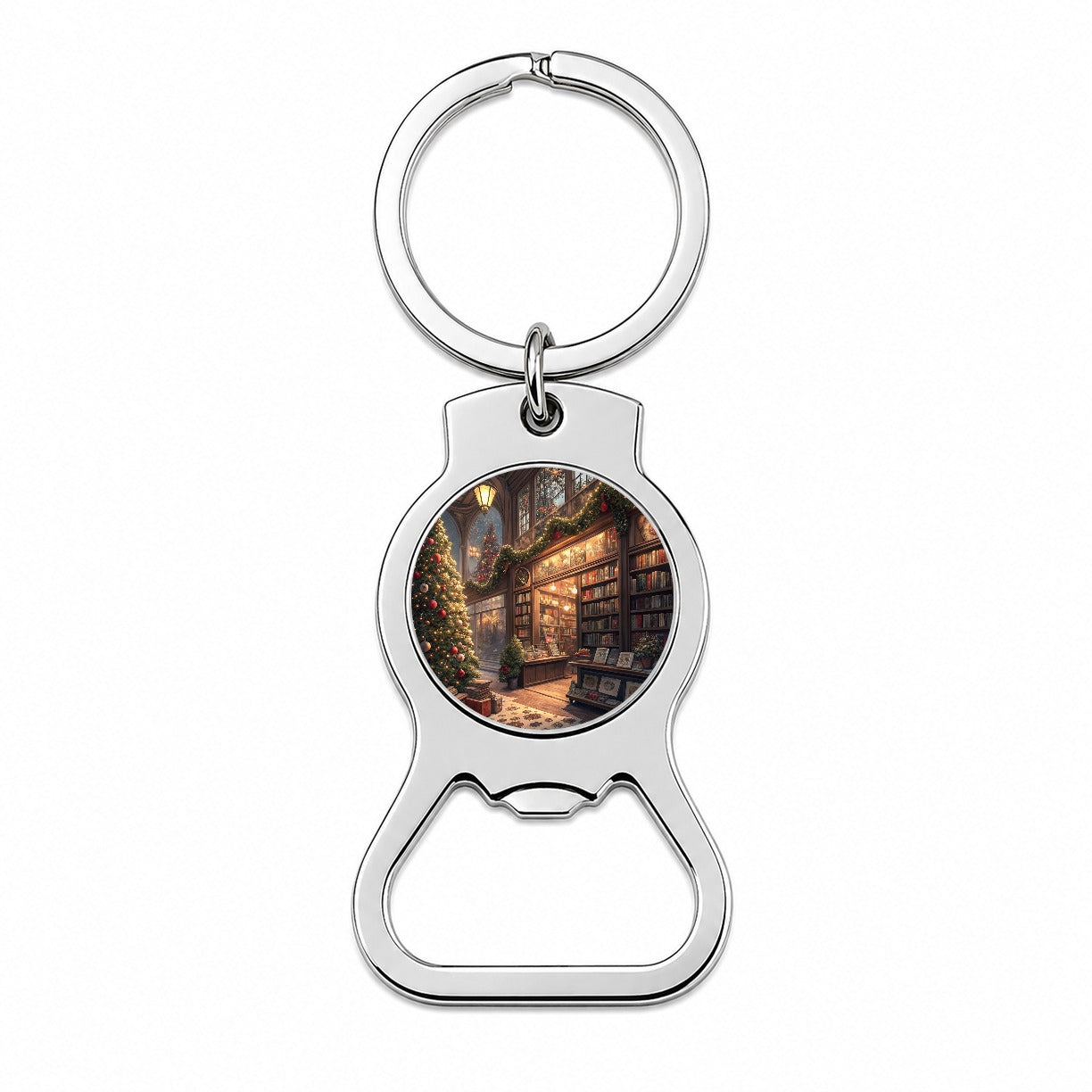 Cozy Christmas Bookstore Library Bottle Opener Keychain