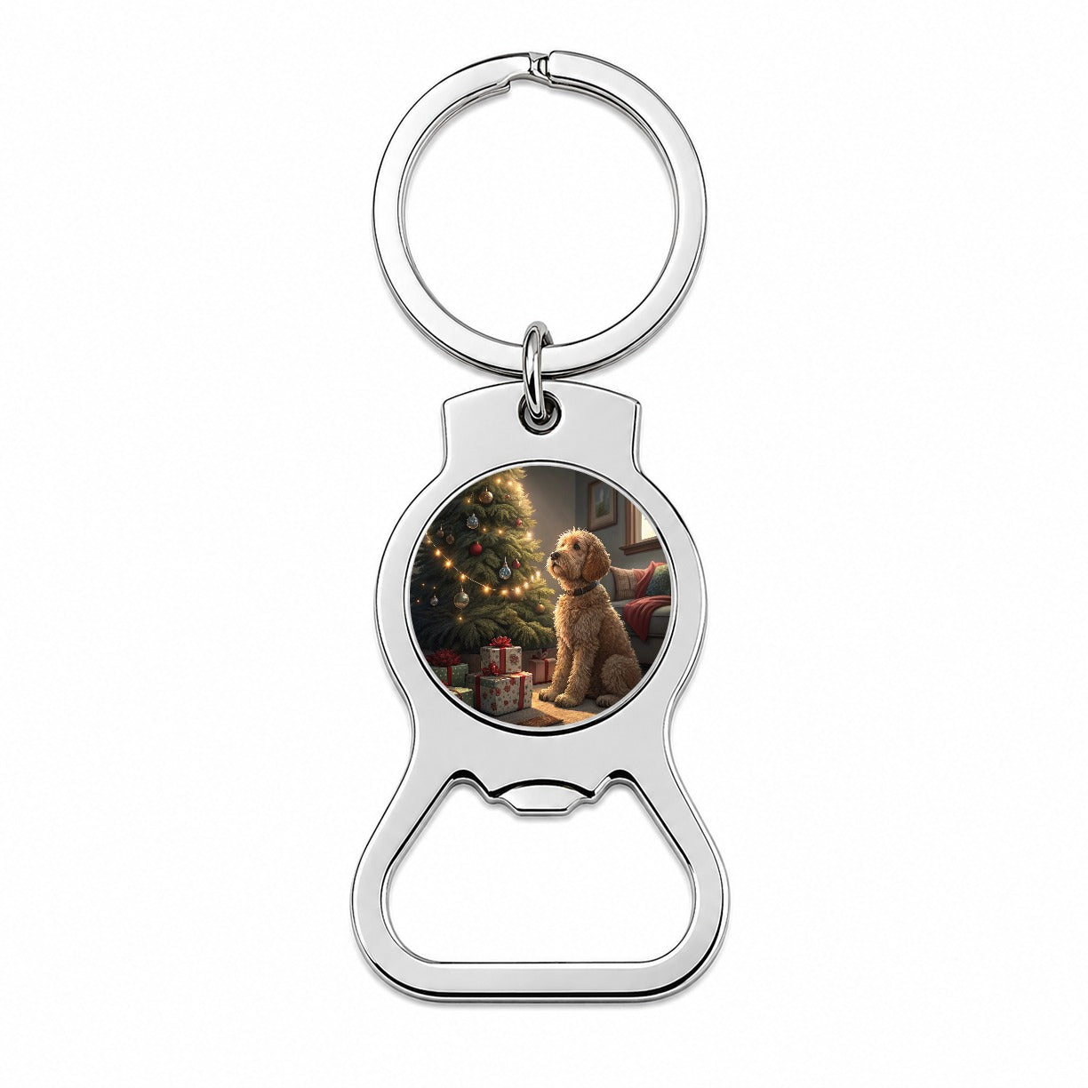 Goldendoodle Sitting Christmas Bottle Opener Keychain