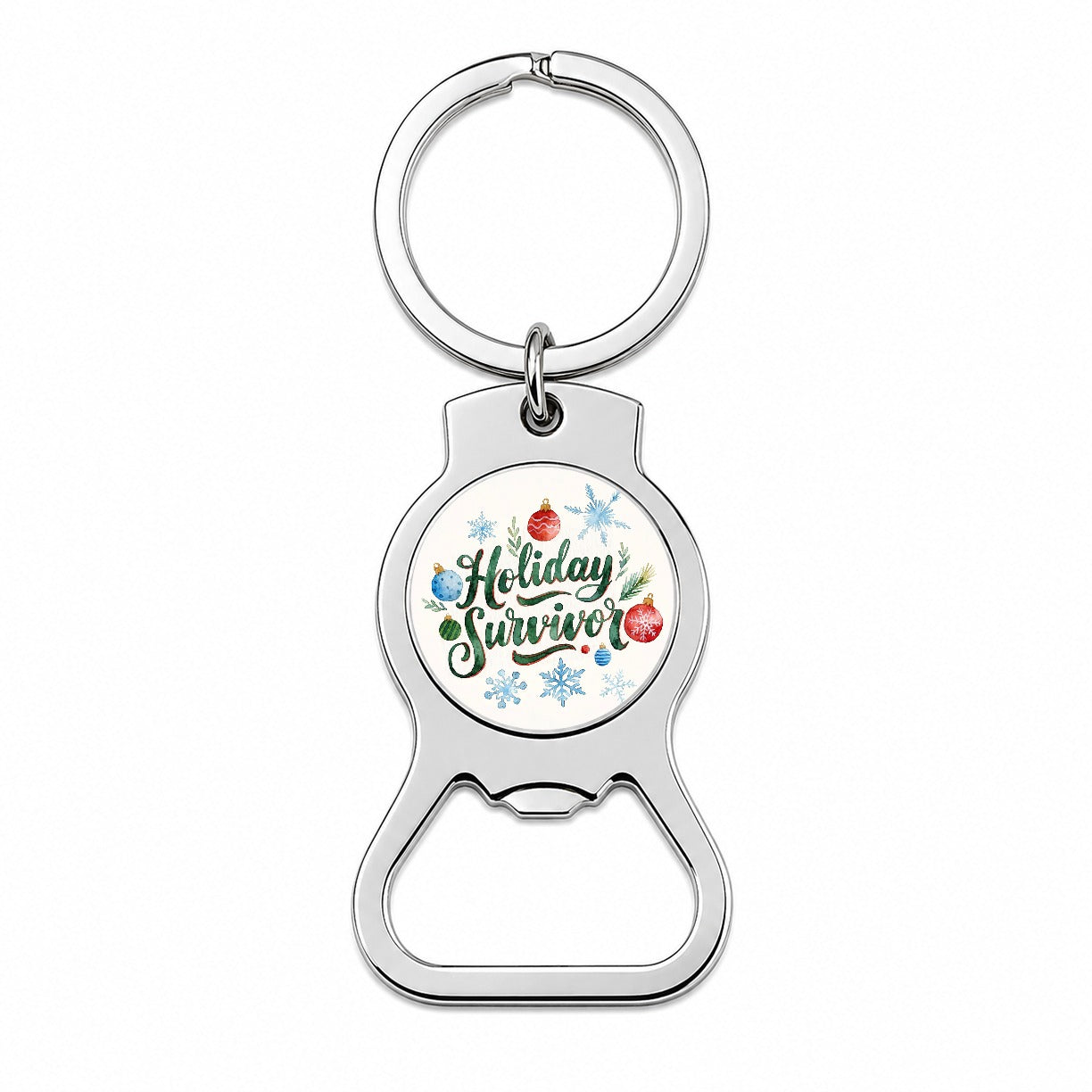 Holiday Survivor Christmas Green Script Bottle Opener Keychain