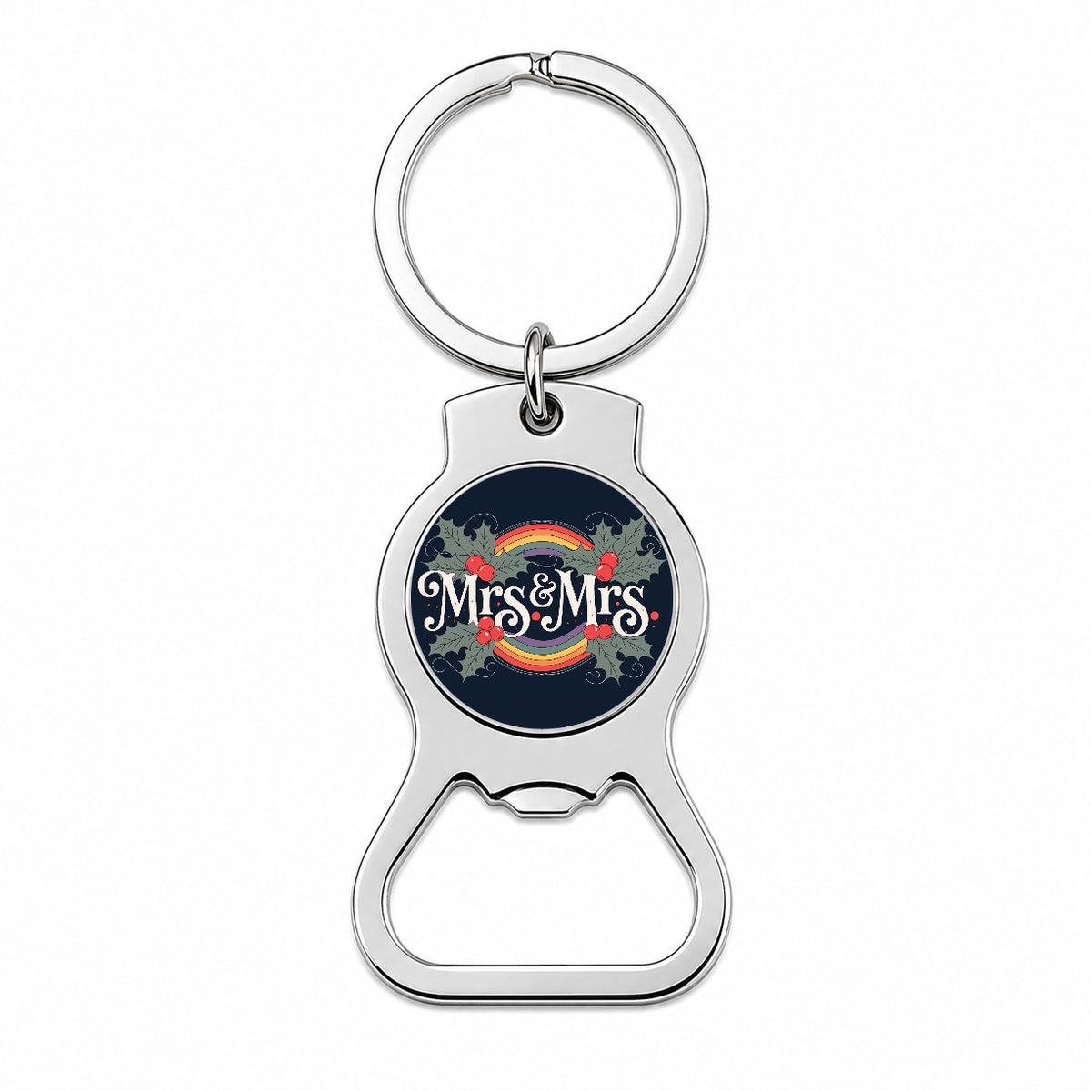 Mrs and Mrs Pride Gay Lesbian LGBTQ Double Rainbow Christmas Bottle Opener Keychain