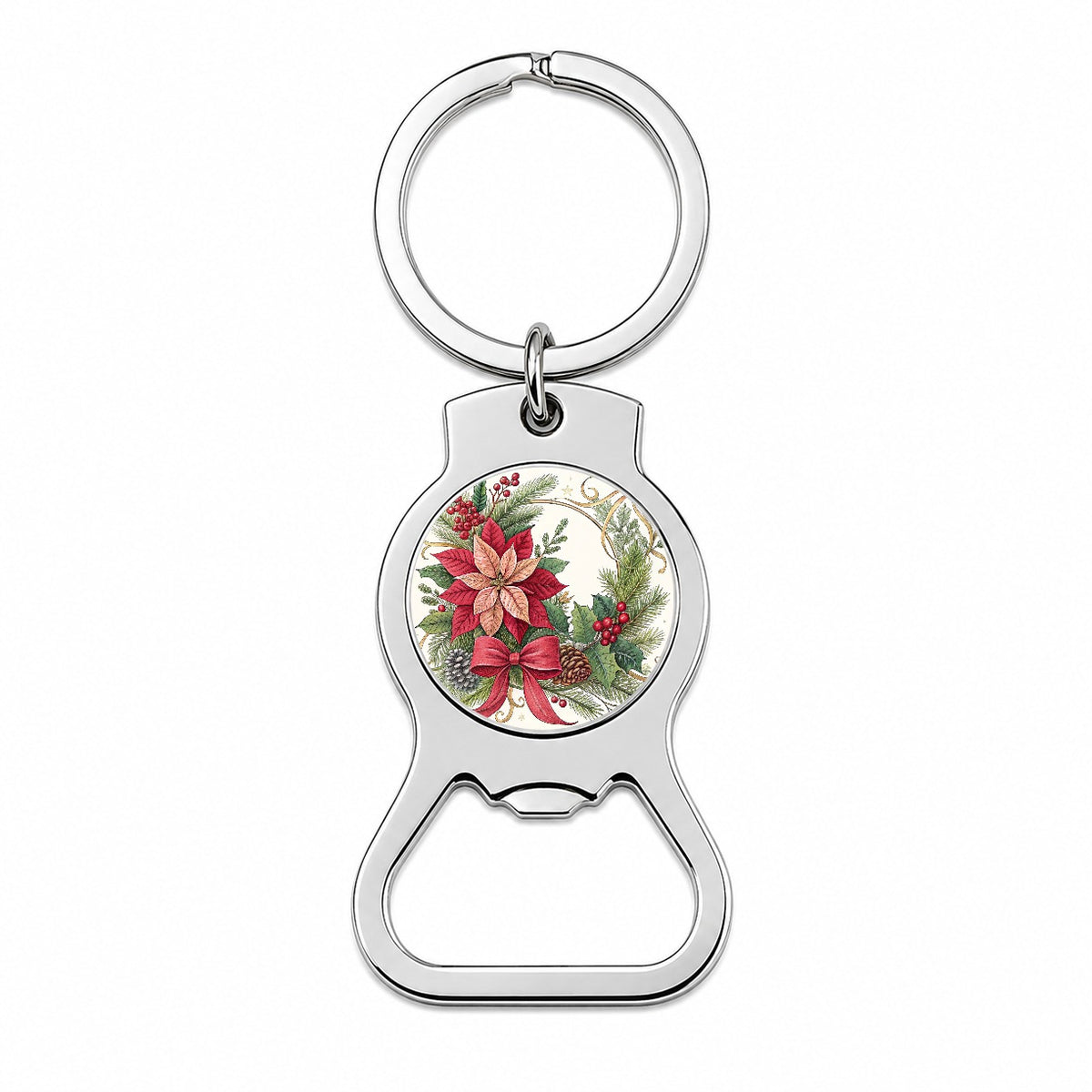 Poinsettias Holly Berries Christmas Bottle Opener Keychain