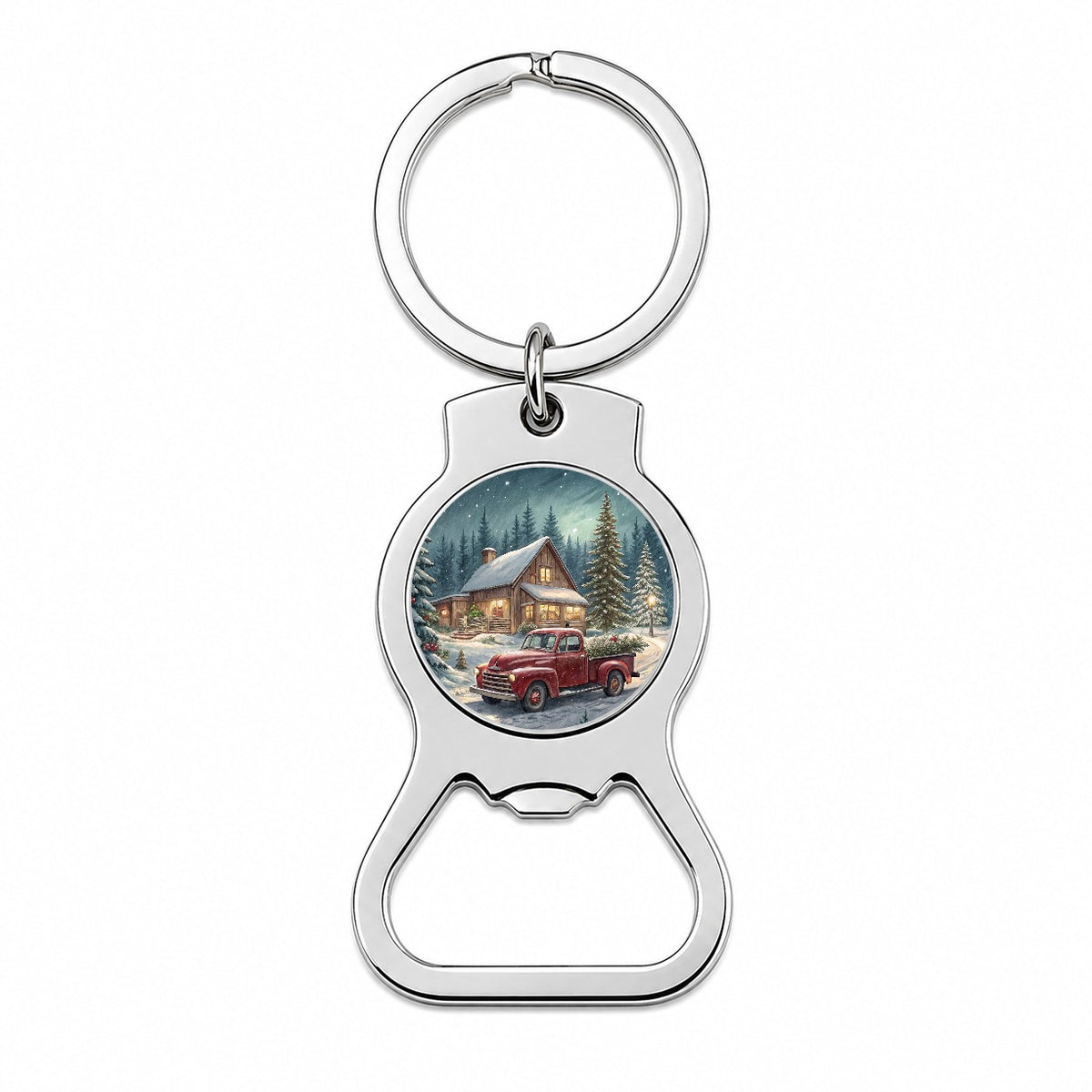 Vintage Americana Christmas Tree In Red Truck Bottle Opener Keychain