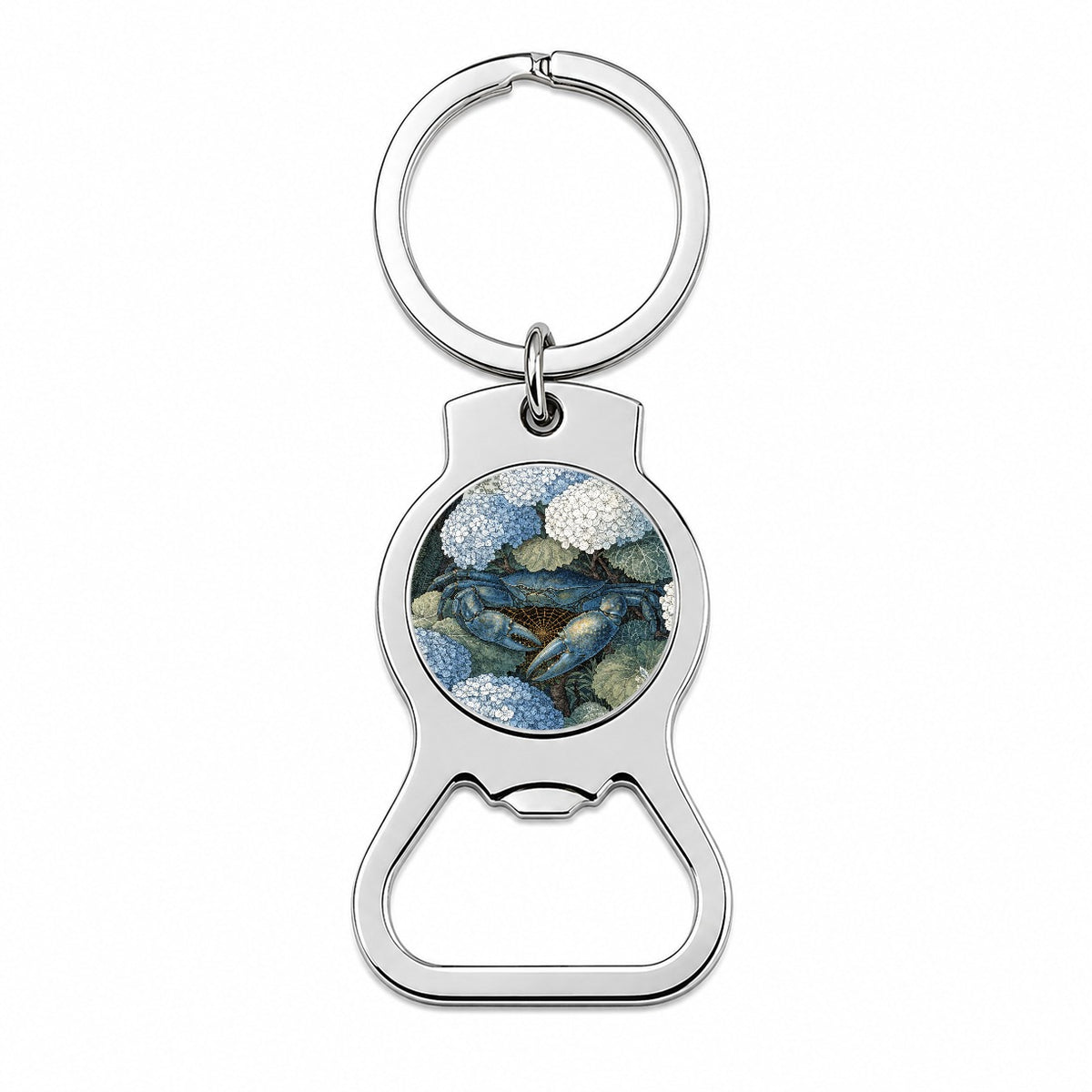 Blue Crab Hydrangea Garden Bottle Opener Keychain