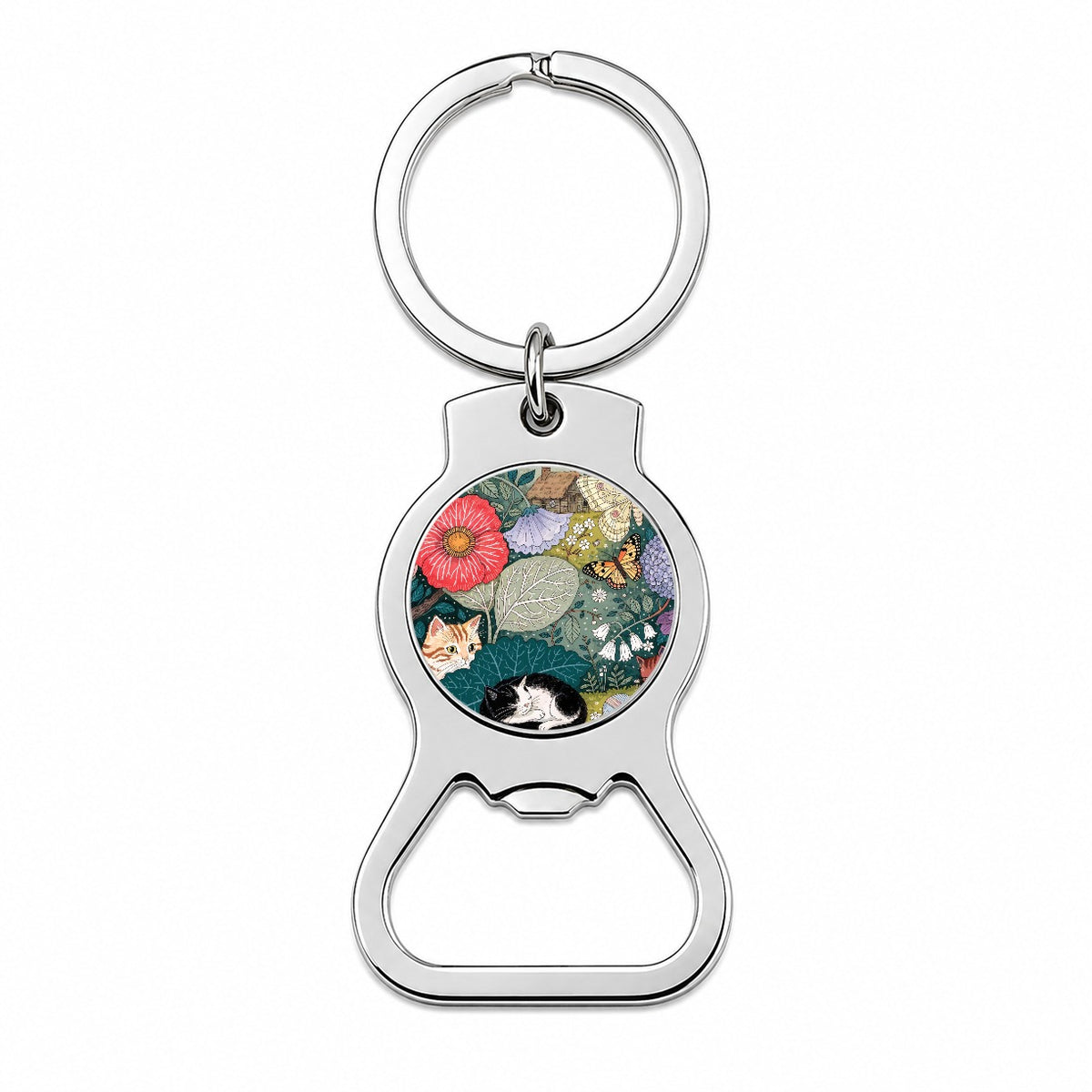 Cats In Garden Bottle Opener Keychain