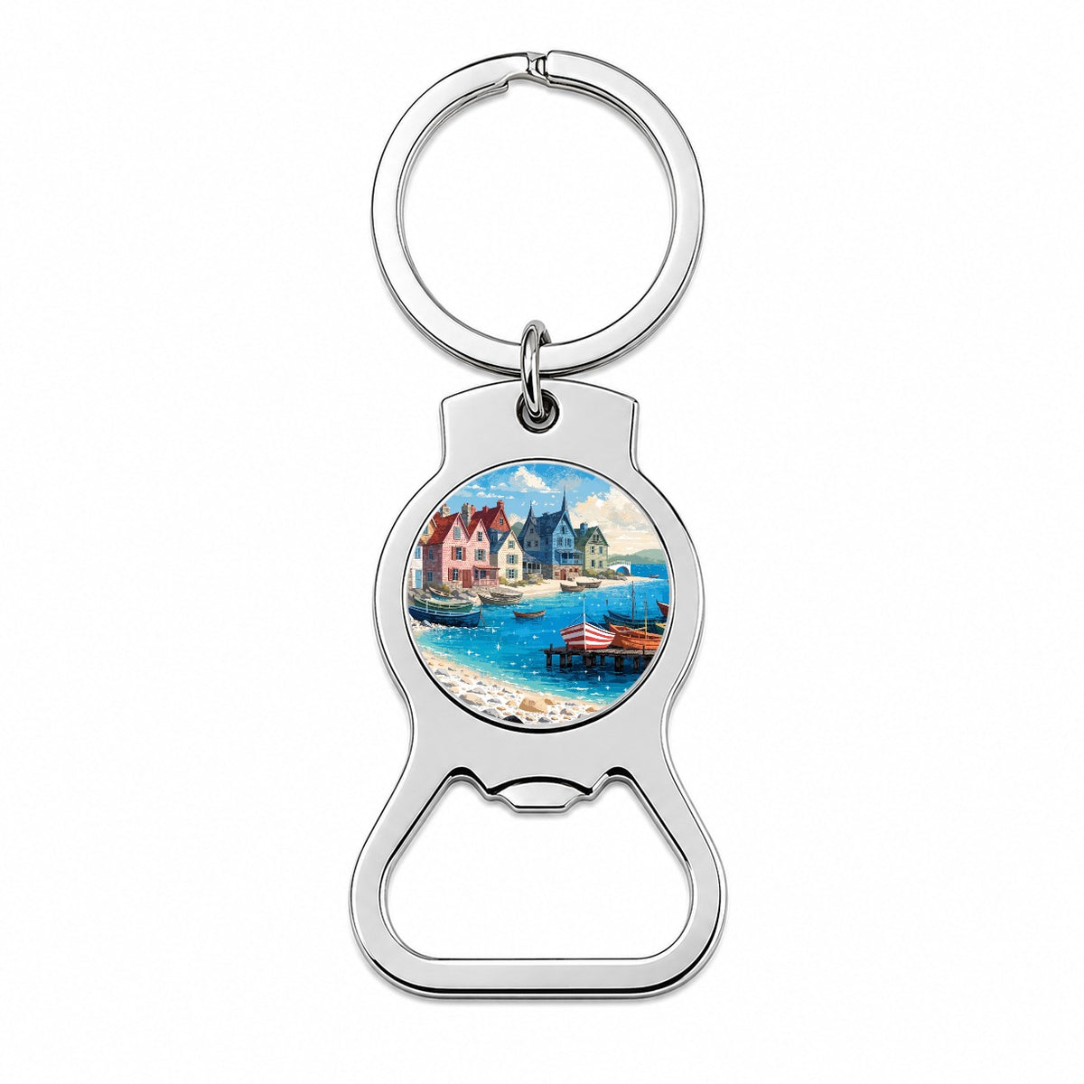 Colorful Coastal Fishing Village Bottle Opener Keychain