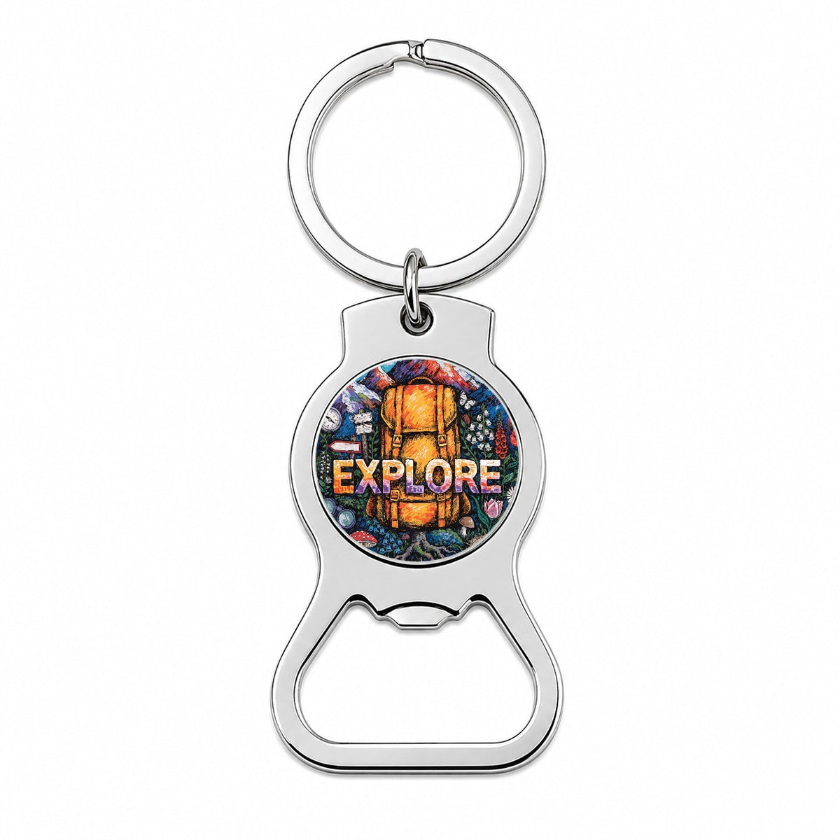 Explore Hiking Backpacking Illustration Bottle Opener Keychain
