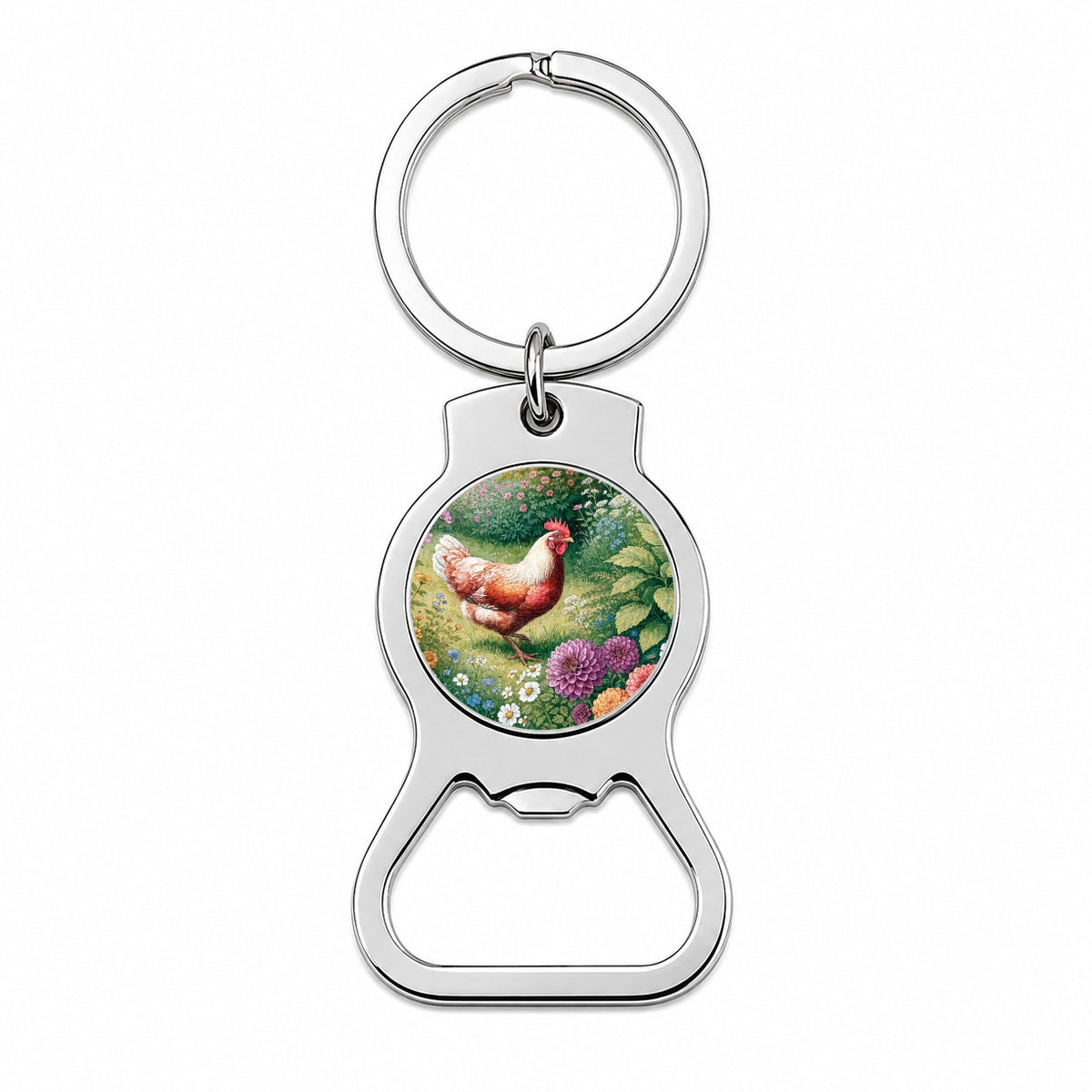 Garden Chicken Wildflowers Bottle Opener Keychain