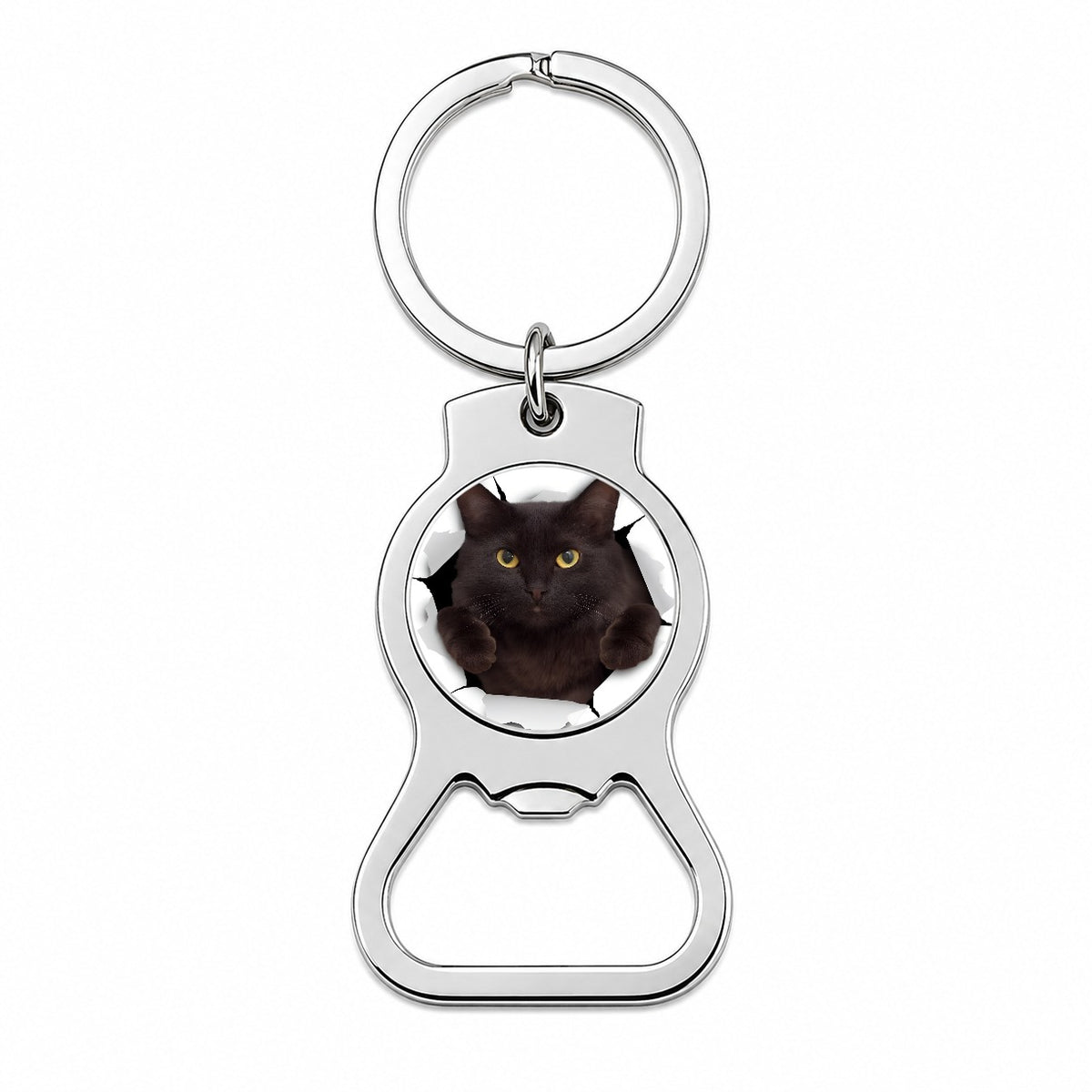 Gray Cat Breakout Bottle Opener Keychain