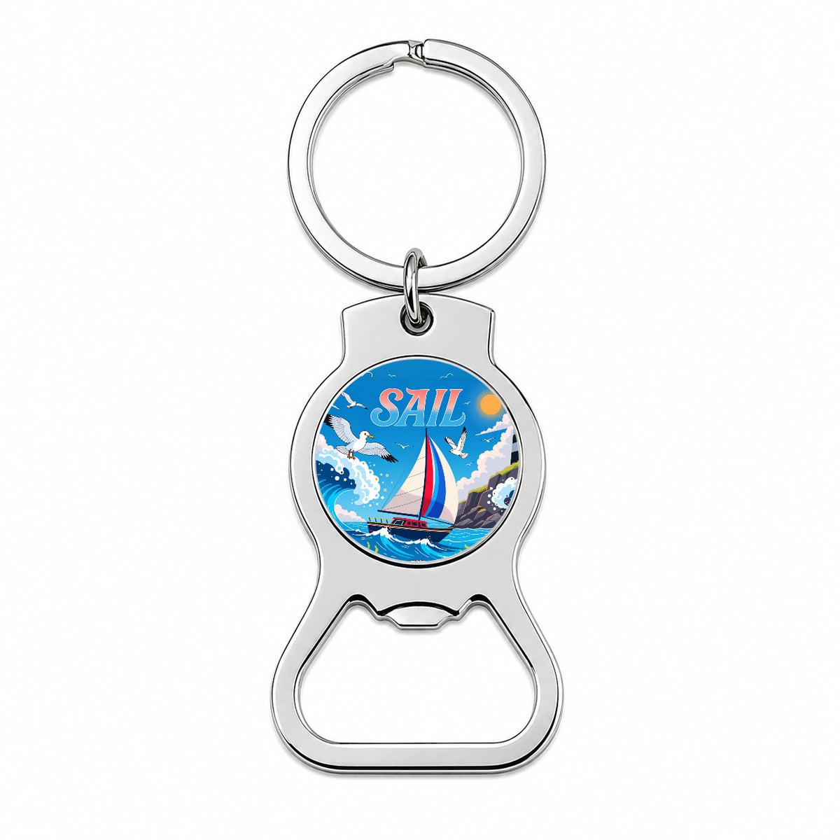 Sail Colorful Sailboat Lighthouse Birds Bottle Opener Keychain