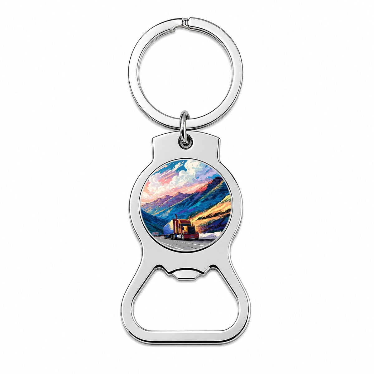 Semi Truck Traveling Driver Mountain Bottle Opener Keychain
