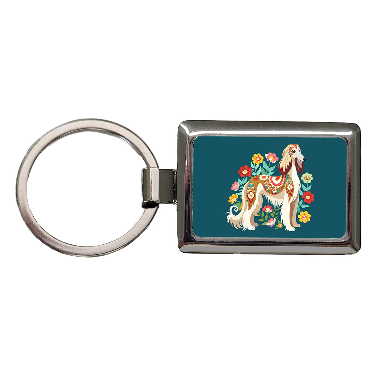 Afghan Hound Dog Floral Flowers Rectangle Metal Keychain