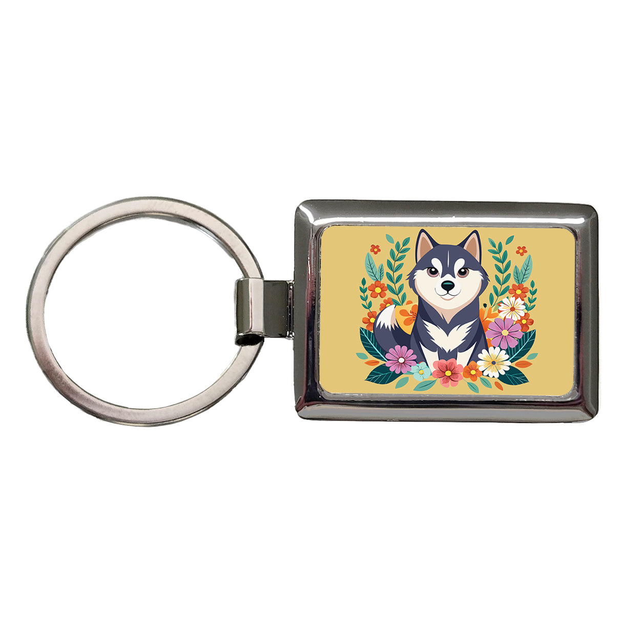 Alaskan Klee Kai Dog Floral Flowers Rectangle Metal Keychain
