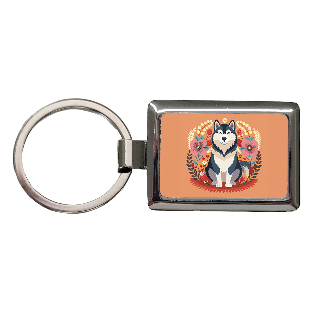 Alaskan Malamute Dog Floral Flowers Rectangle Metal Keychain