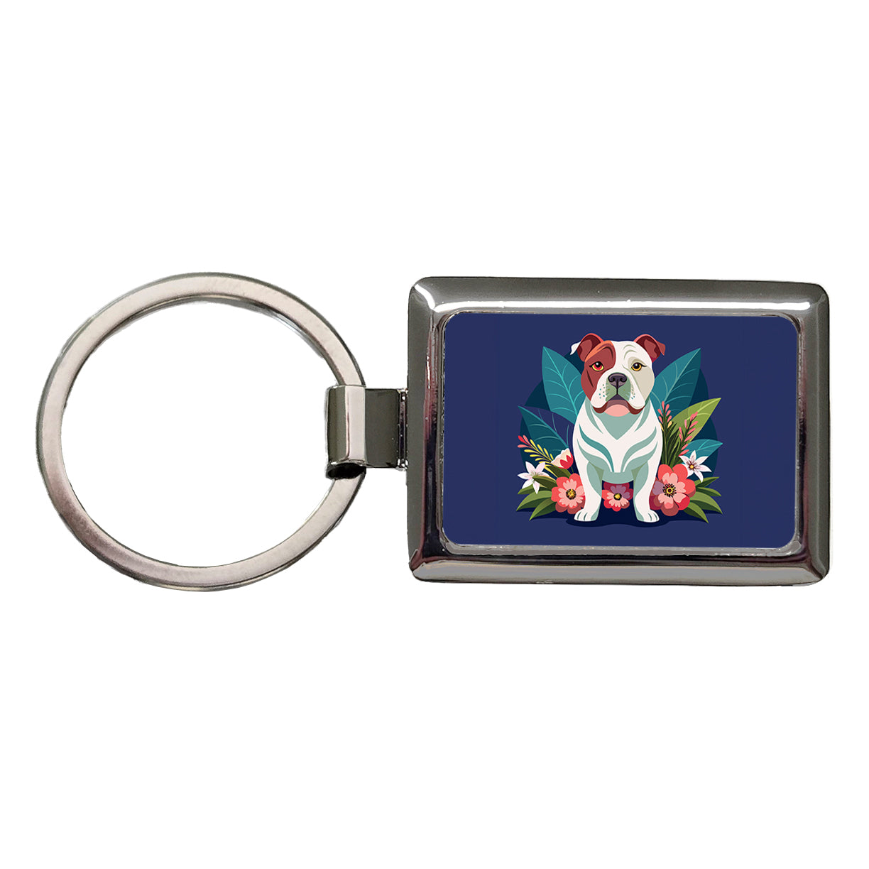 American Bulldog Floral Flowers Rectangle Metal Keychain