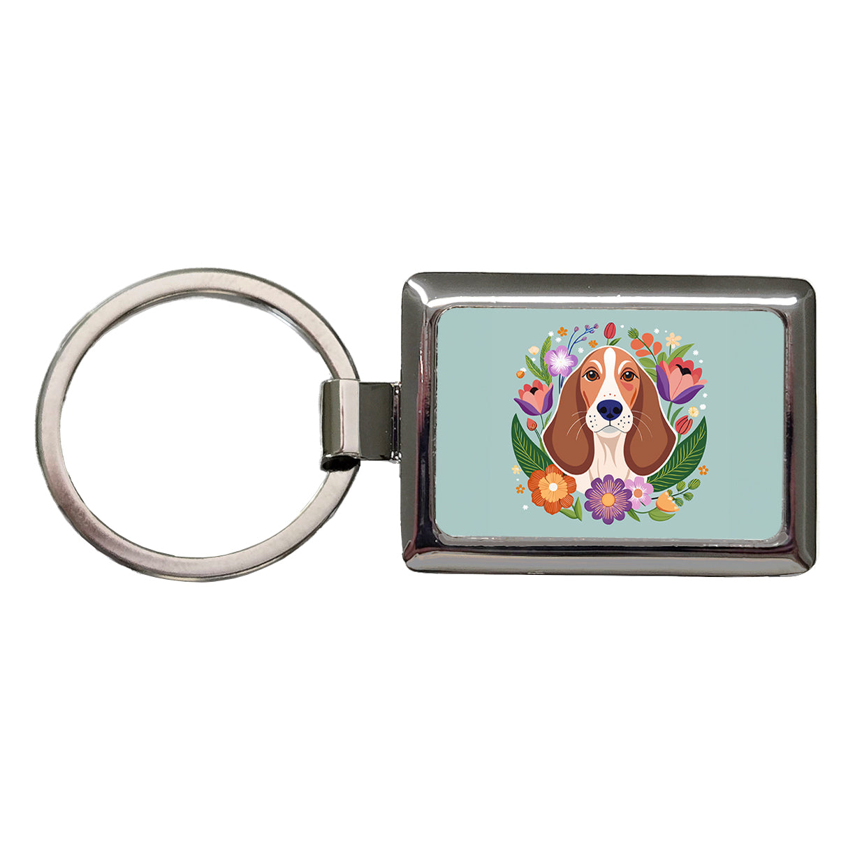 Basset Hound Dog Floral Flowers Rectangle Metal Keychain