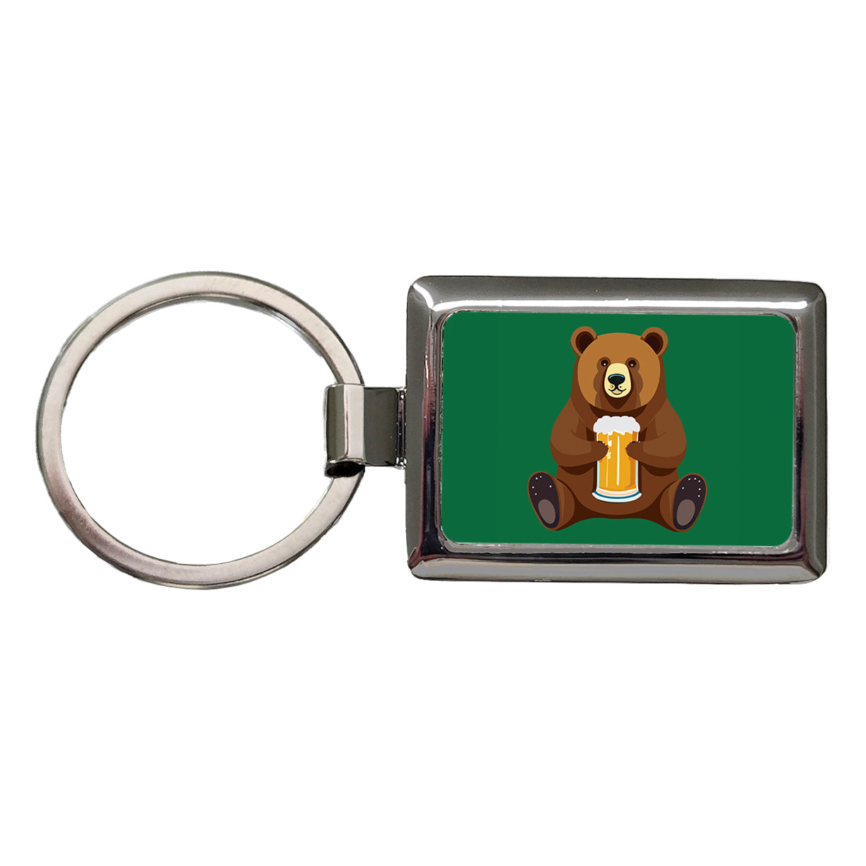 Bear Drinking Beer Sitting Funny Rectangle Metal Keychain