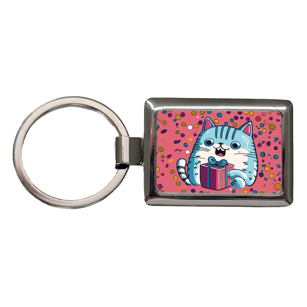 Birthday Cat Blue Funny Rectangle Metal Keychain