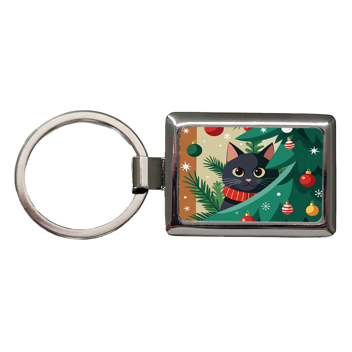 Black Cat Hiding in Christmas Tree Rectangle Metal Keychain