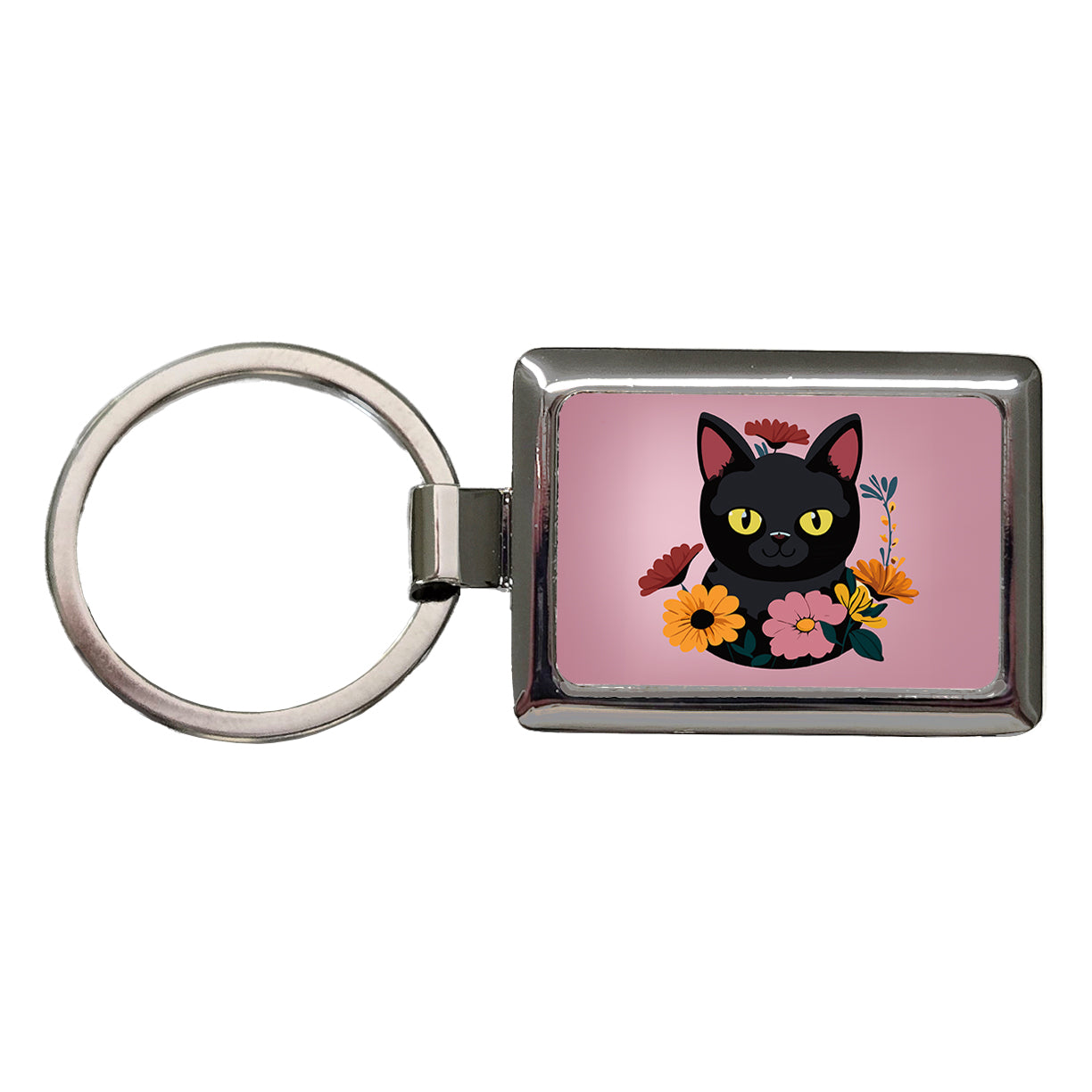 Black Cat in Flowers Rectangle Metal Keychain