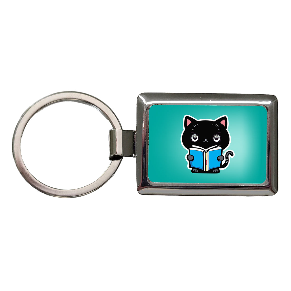 Black Cat Reading Book Rectangle Metal Keychain