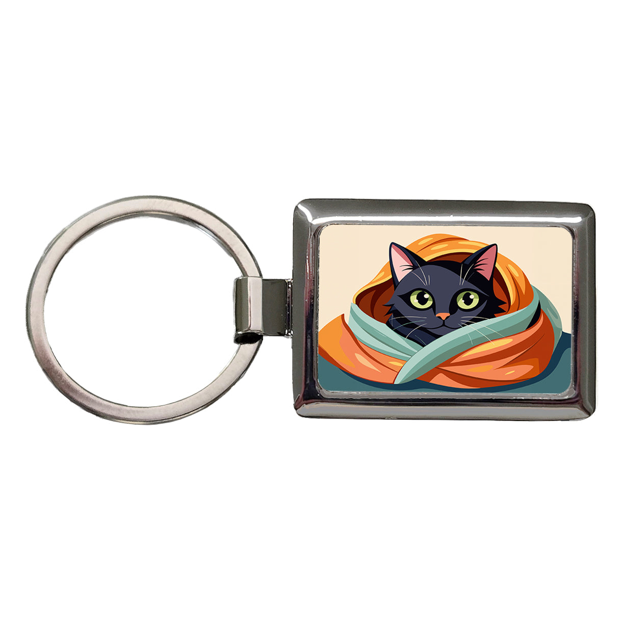 Black Cat Snuggling in Blanket Rectangle Metal Keychain