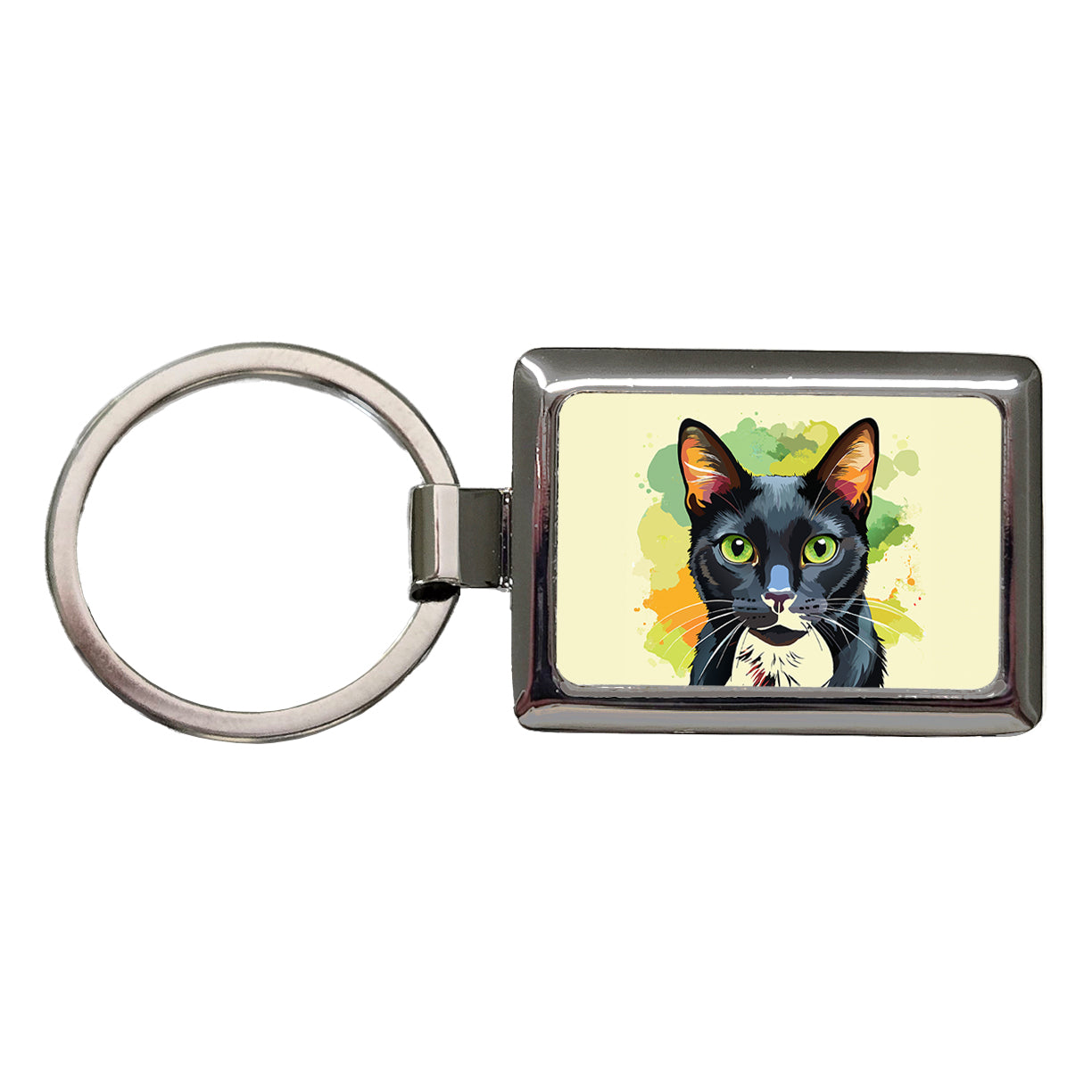 Black Cat Watercolor Rectangle Metal Keychain