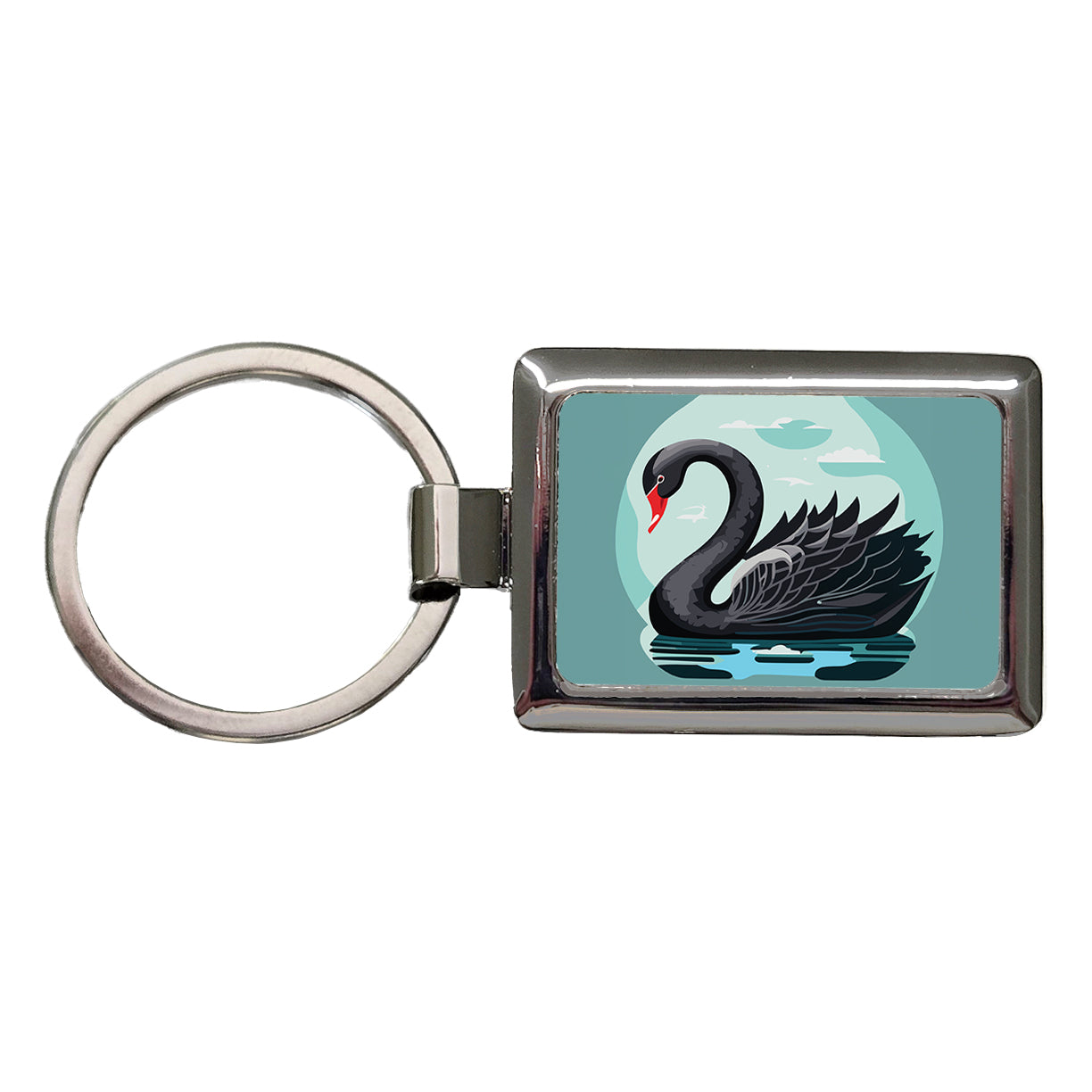 Black Swan Swimming Rectangle Metal Keychain