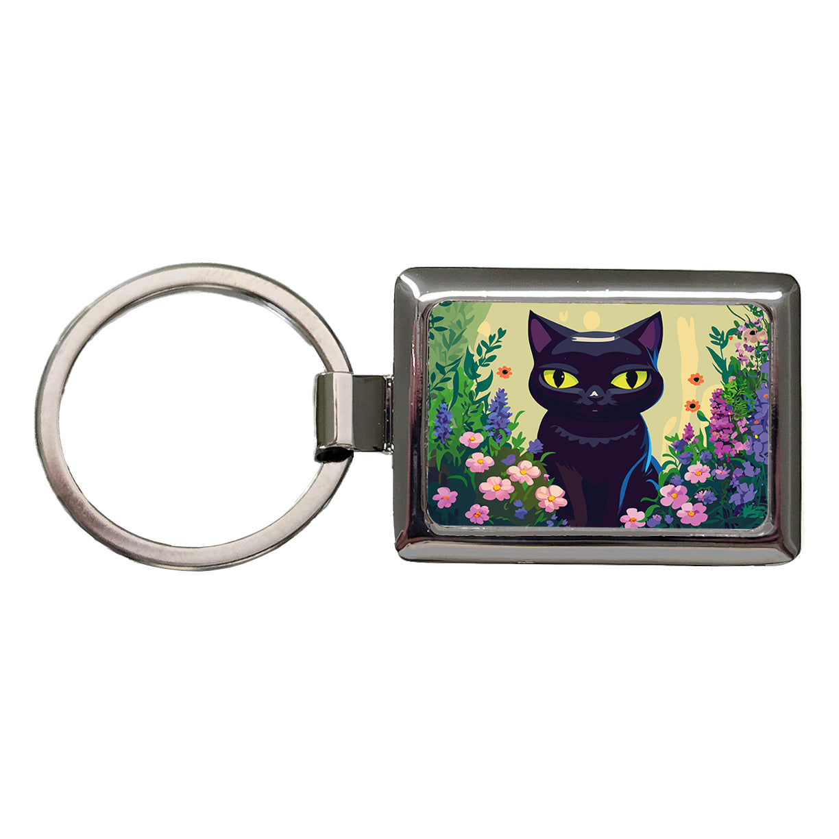 Black White Cat in Flower Garden Rectangle Metal Keychain